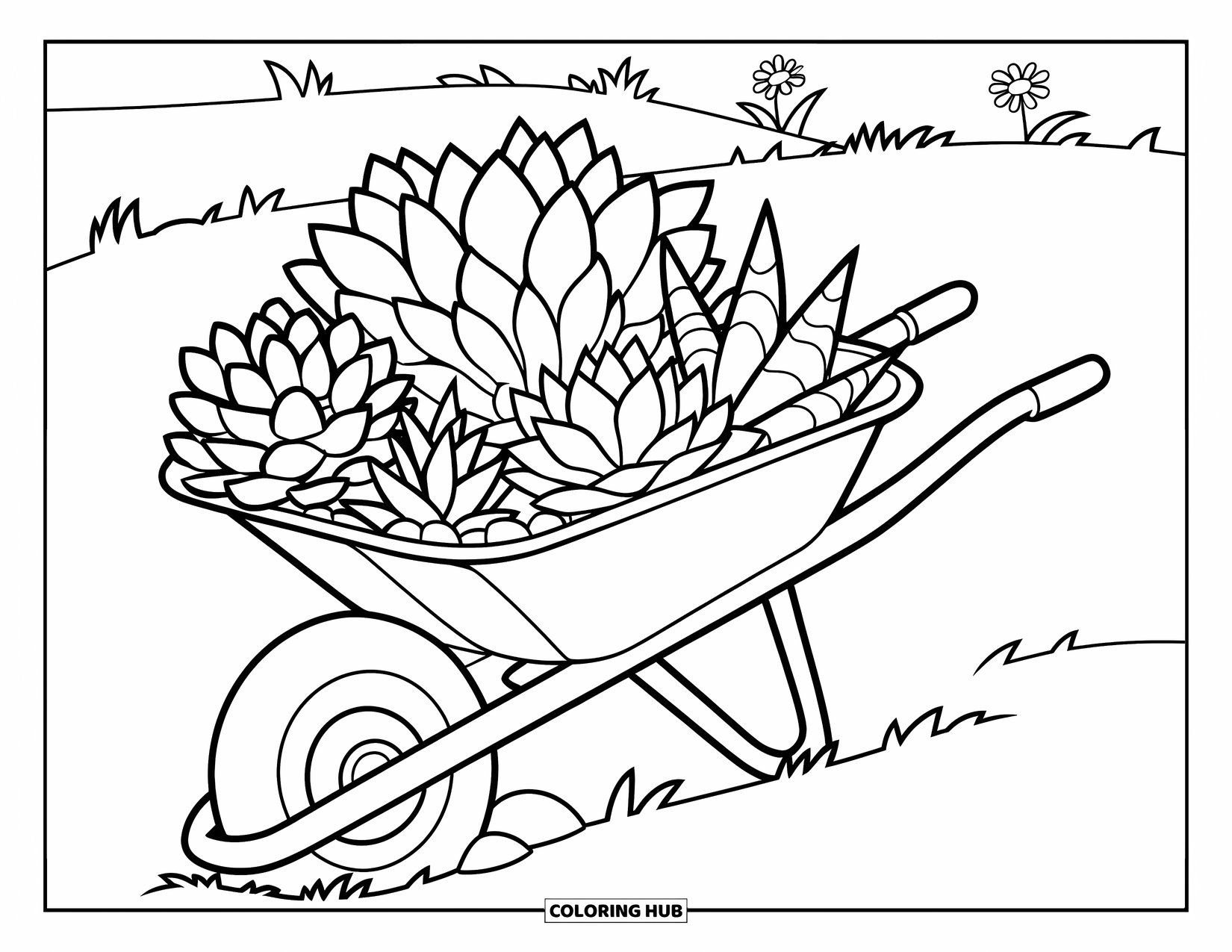 Desen de colorat cu suculente pentru copii: Un peisaj senin cu o roabă plină cu suculente se află printre flori înflorite