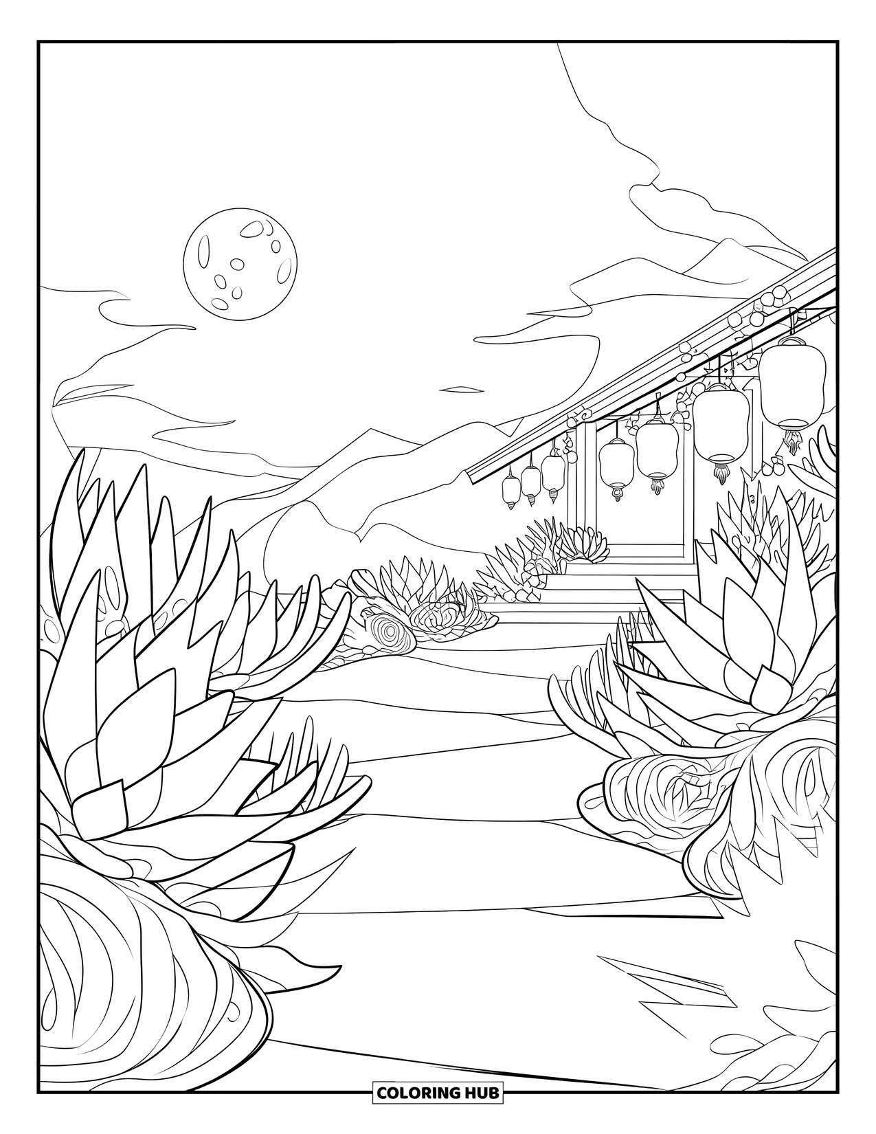 Desen de colorat cu suculente pentru copii: Un templu senin strălucește cu felinare, înconjurat de suculente sub luna plină