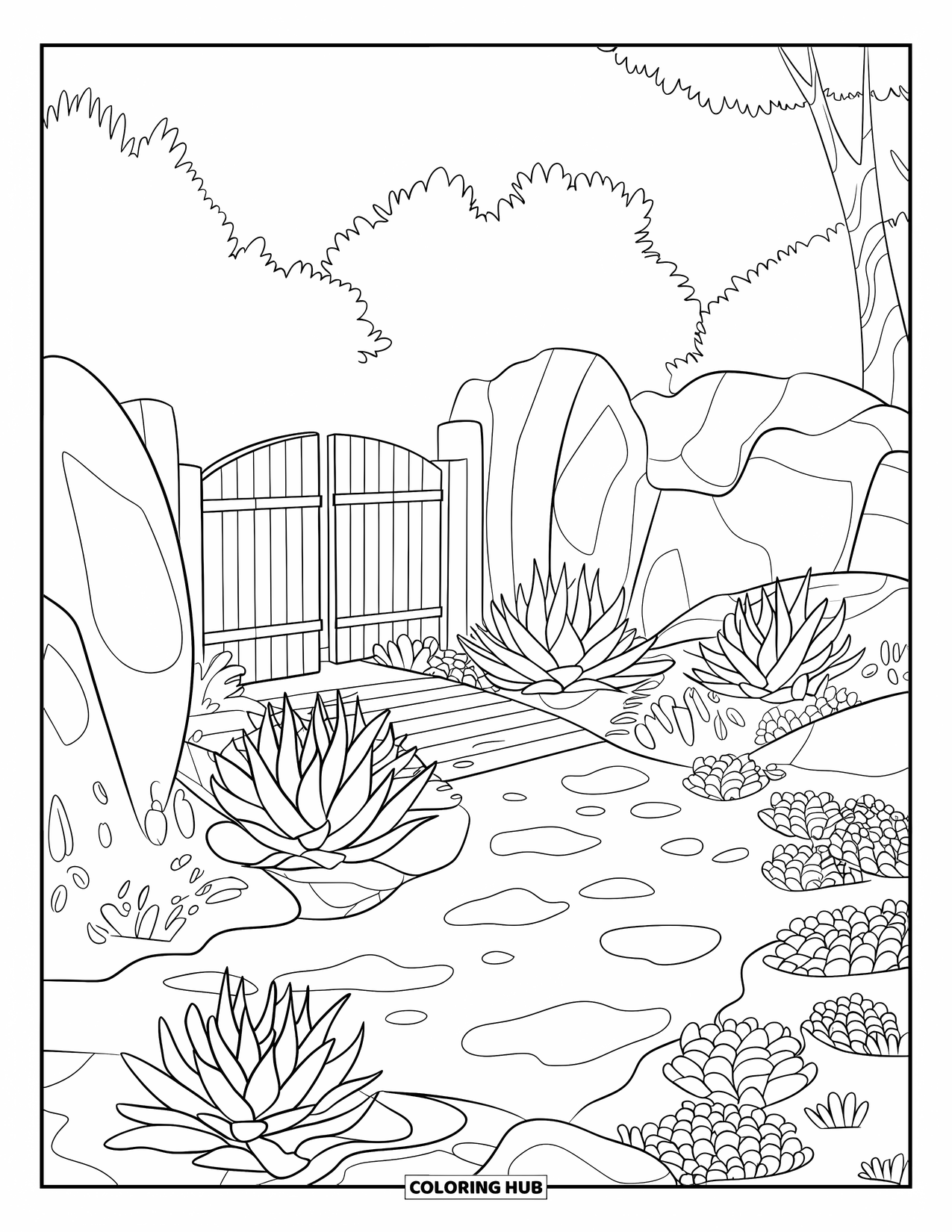 Desen de colorat cu suculente pentru copii: O grădină Zen senină cu suculente, modele curgătoare de nisip și un pod de lemn