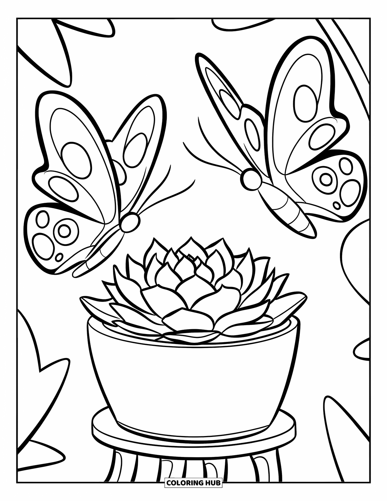 Desen de colorat cu suculente pentru copii: O suculentă simplă într-un ghiveci se sprijină pe un suport de lemn sub doi fluturi