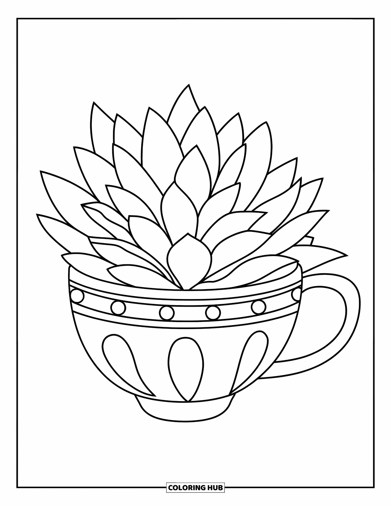 Desen de colorat cu suculente pentru copii: O suculentă simplă stă într-o cană cu o margine rotunjită pe un fundal gol