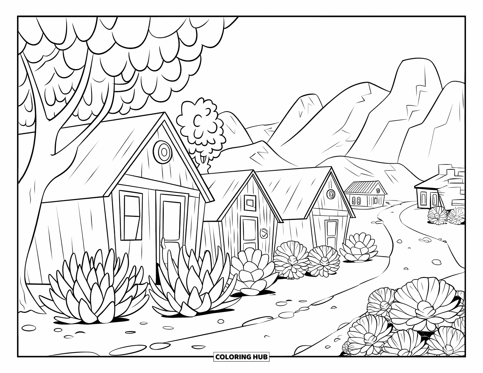 Desen de colorat cu suculente pentru copii: Un drum mic șerpuiește printr-un sat cu case mici și suculente înconjurătoare