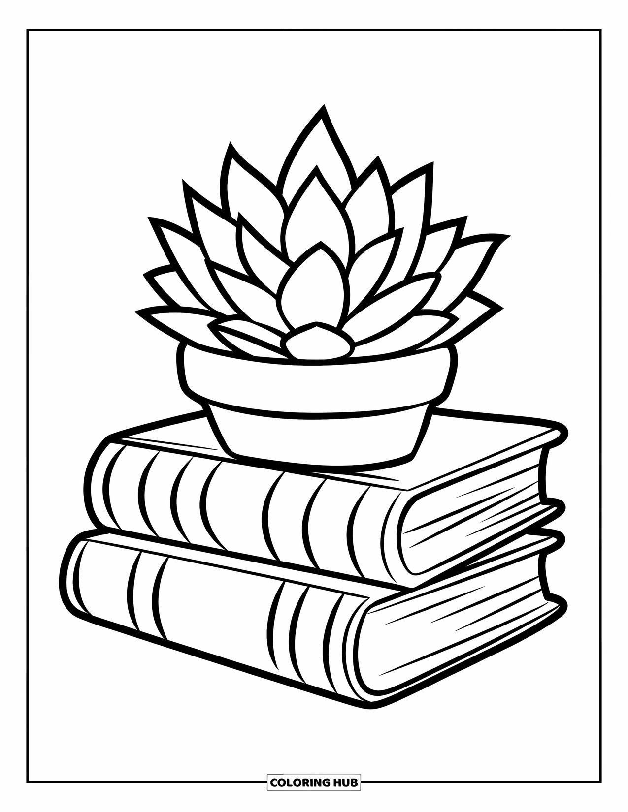 Desen de colorat cu suculente pentru copii: O stivă mică de cărți cu o suculentă într-un ghiveci se sprijină deasupra