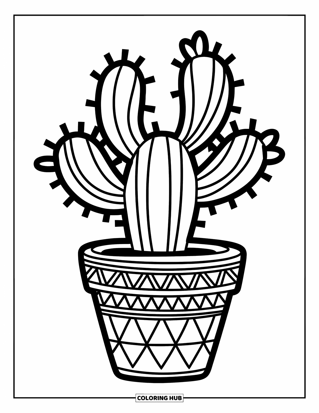 Desen de colorat cu suculente pentru copii: Un cactus țepos cu trăsături îndrăznețe stă într-un ghiveci cu decorațiuni simple