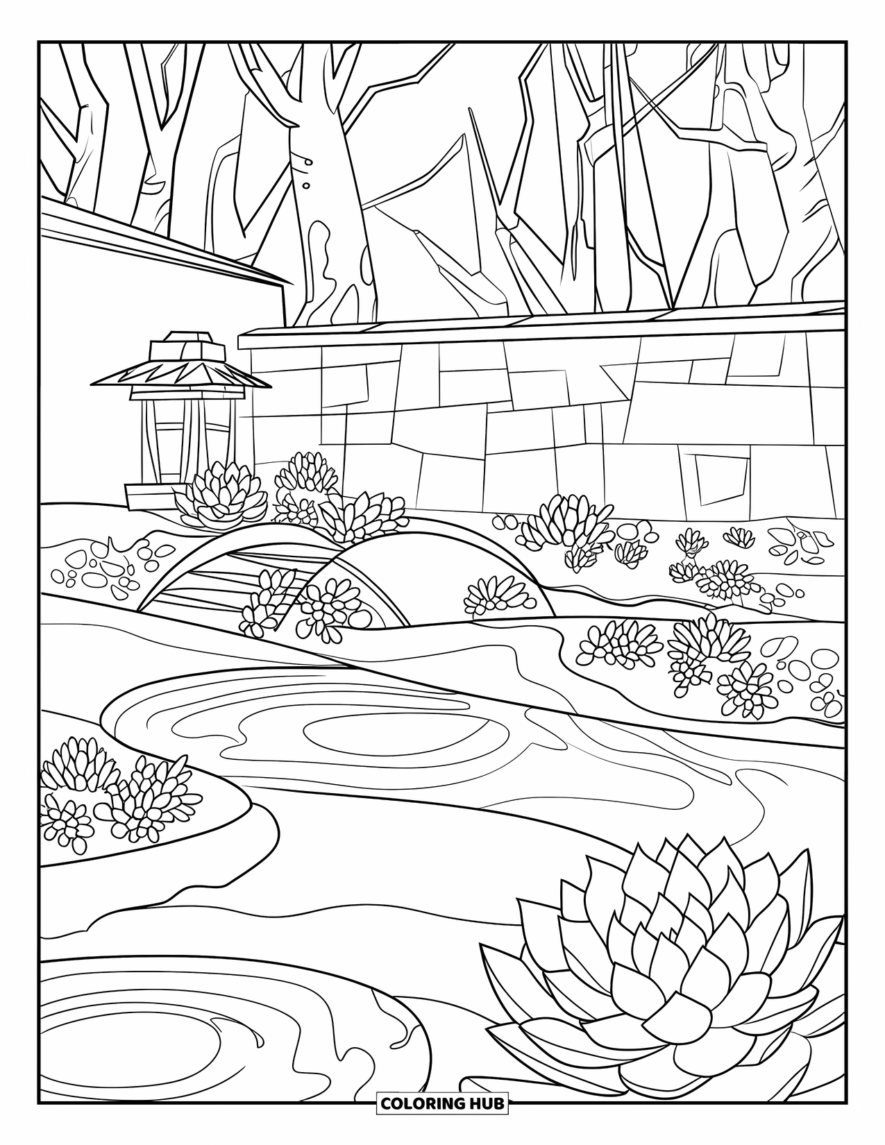 Desen de colorat cu suculente pentru copii: O grădină Zen cu pereți de piatră, cu suculente, un felinar de lemn și copaci cu ramuri groase