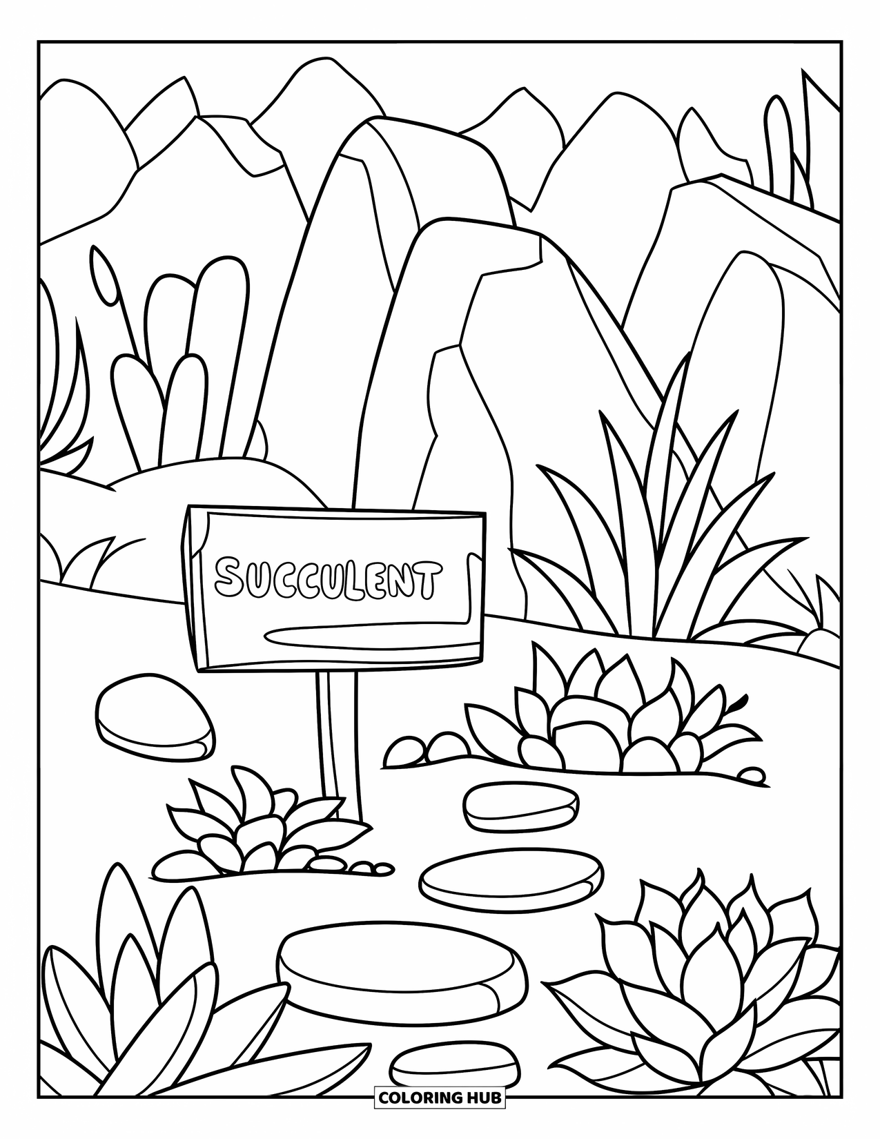Desen de colorat cu suculente pentru copii: O grădină de suculente cu pietre împrăștiate se află într-un peisaj stâncos cu munți îndepărtați