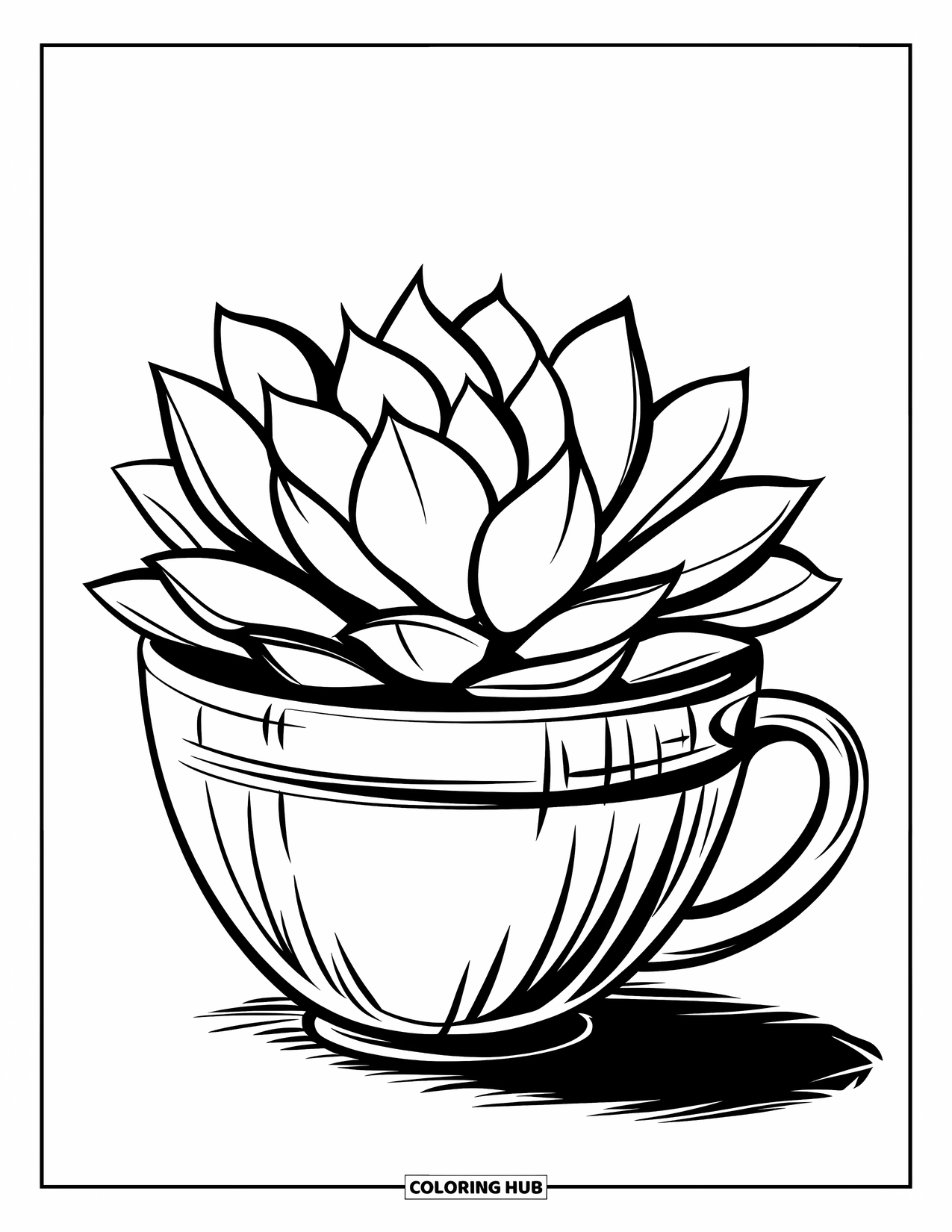 Desen de colorat cu suculente pentru copii: O suculentă crește într-o cană confortabilă, așezată ordonat pe o masă netedă