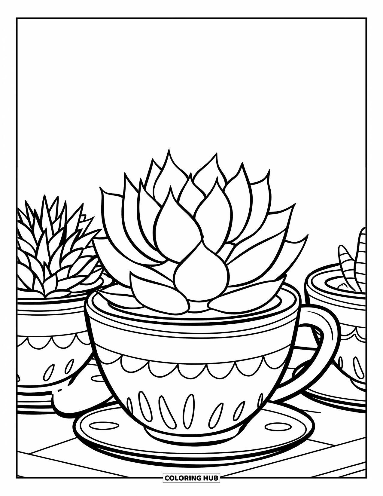 Desen de colorat cu suculente pentru copii: O suculentă într-o cană cu picături de apă stă lângă alte plante