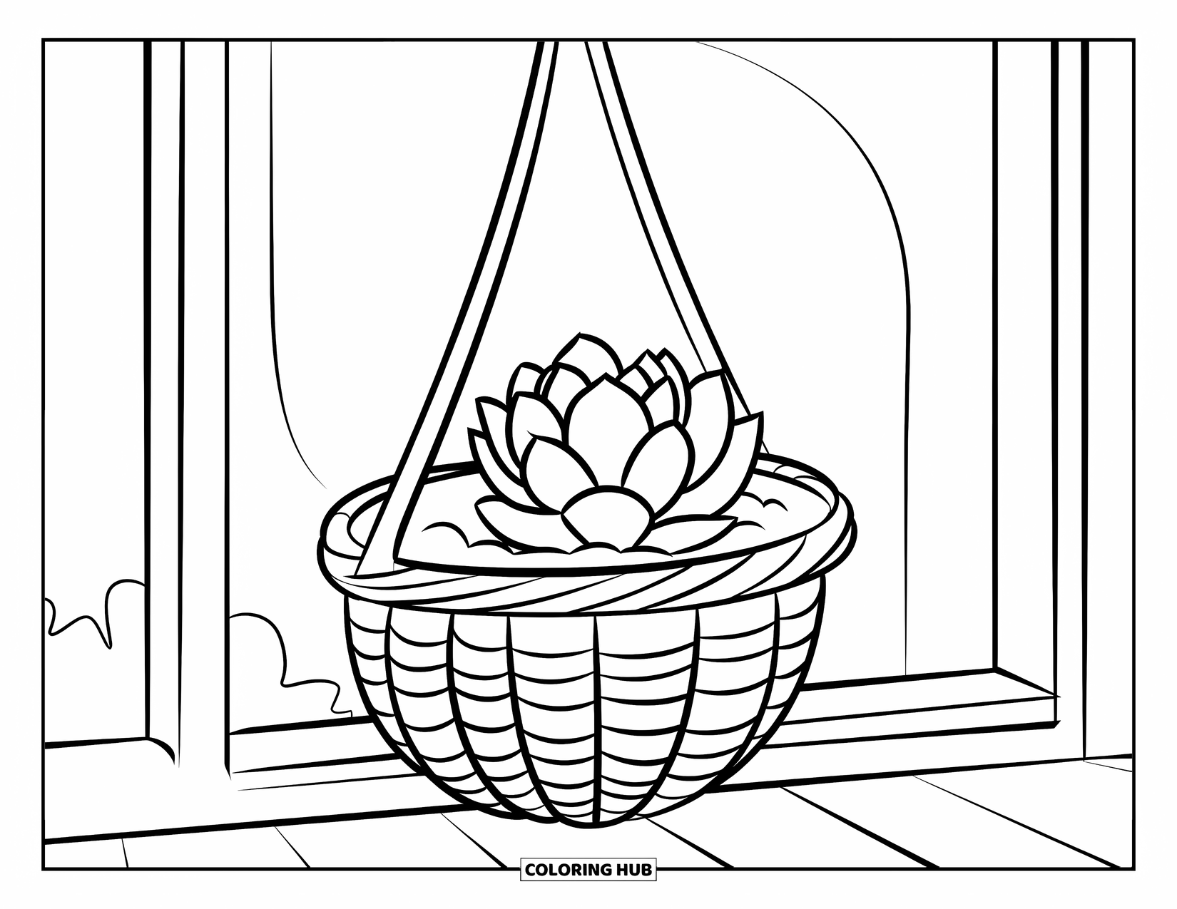 Desen de colorat cu suculente pentru copii: O suculentă într-un coș împletit atârnă de un stâlp de lemn într-o expunere simplă
