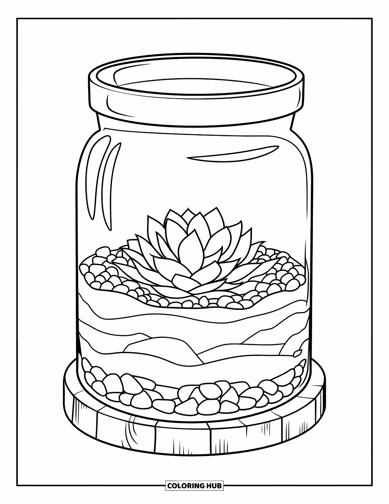 Desen de colorat cu suculente pentru copii: Un borcan în stil terariu cu pământ, pietricele și o suculentă se sprijină pe o platformă de lemn