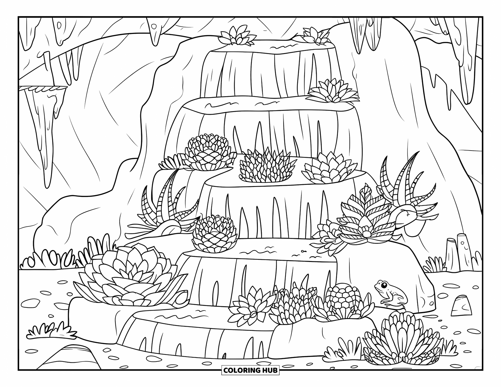 Desen de colorat cu suculente pentru copii: O cascadă etajată, împodobită cu suculente, curge într-o peșteră cu stalactite și stalagmite