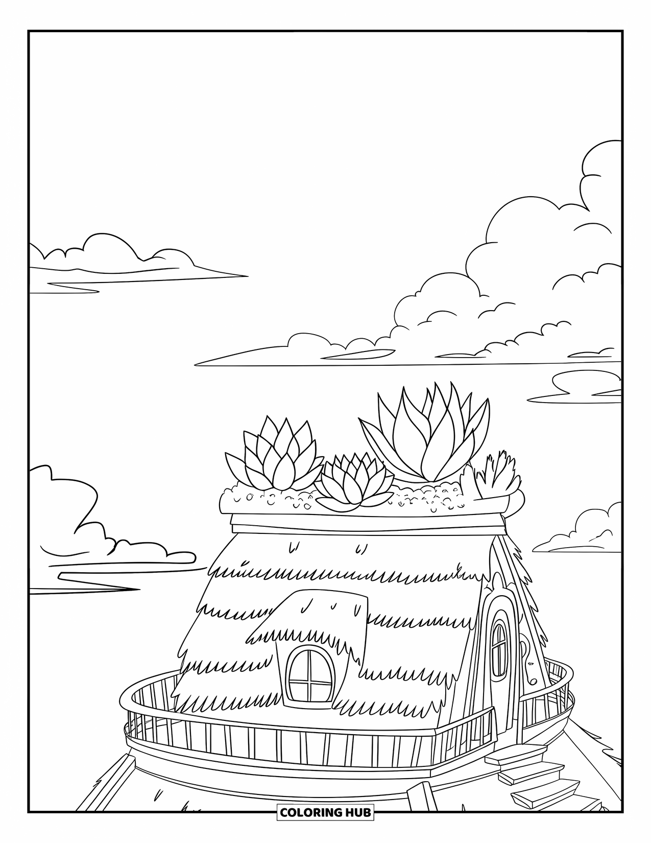 Desen de colorat cu suculente pentru copii: O casă mică cu o grădină pe acoperiș cu suculente se află sub un cer senin