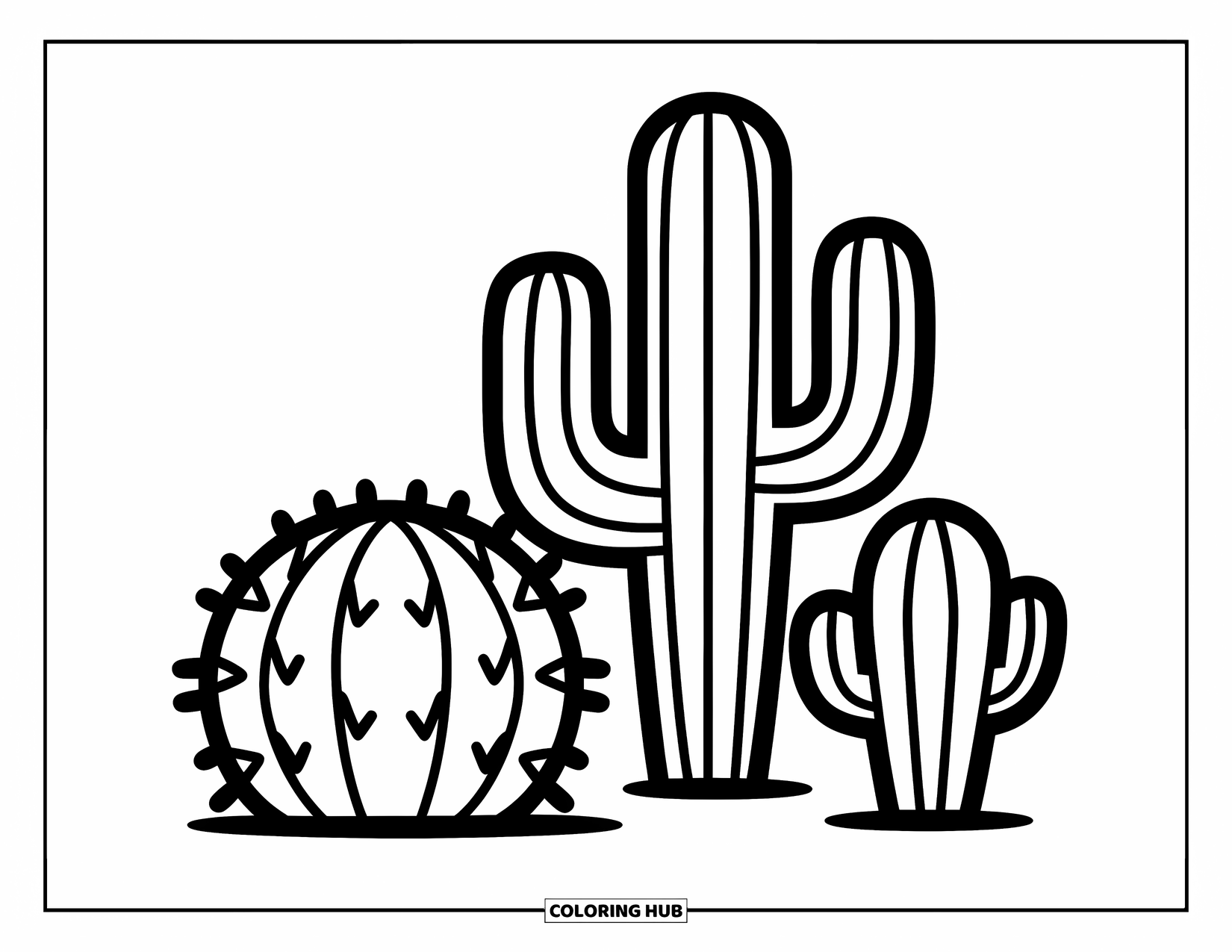 Desen de colorat cu suculente pentru copii: Un trio de cactuși cu creste curbate stă într-un aranjament simplu și jucăuș