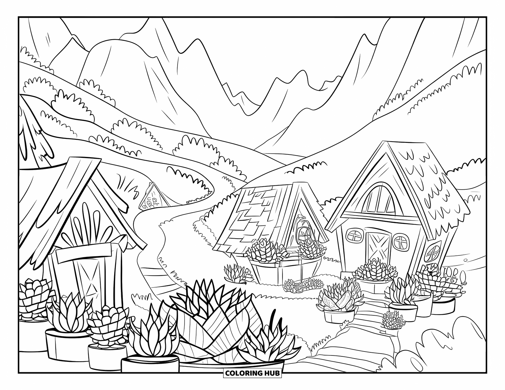 Desen de colorat cu suculente pentru copii: Un sat de vale cu case de lemn, căi de piatră și suculente în ghivece creează o scenă confortabilă