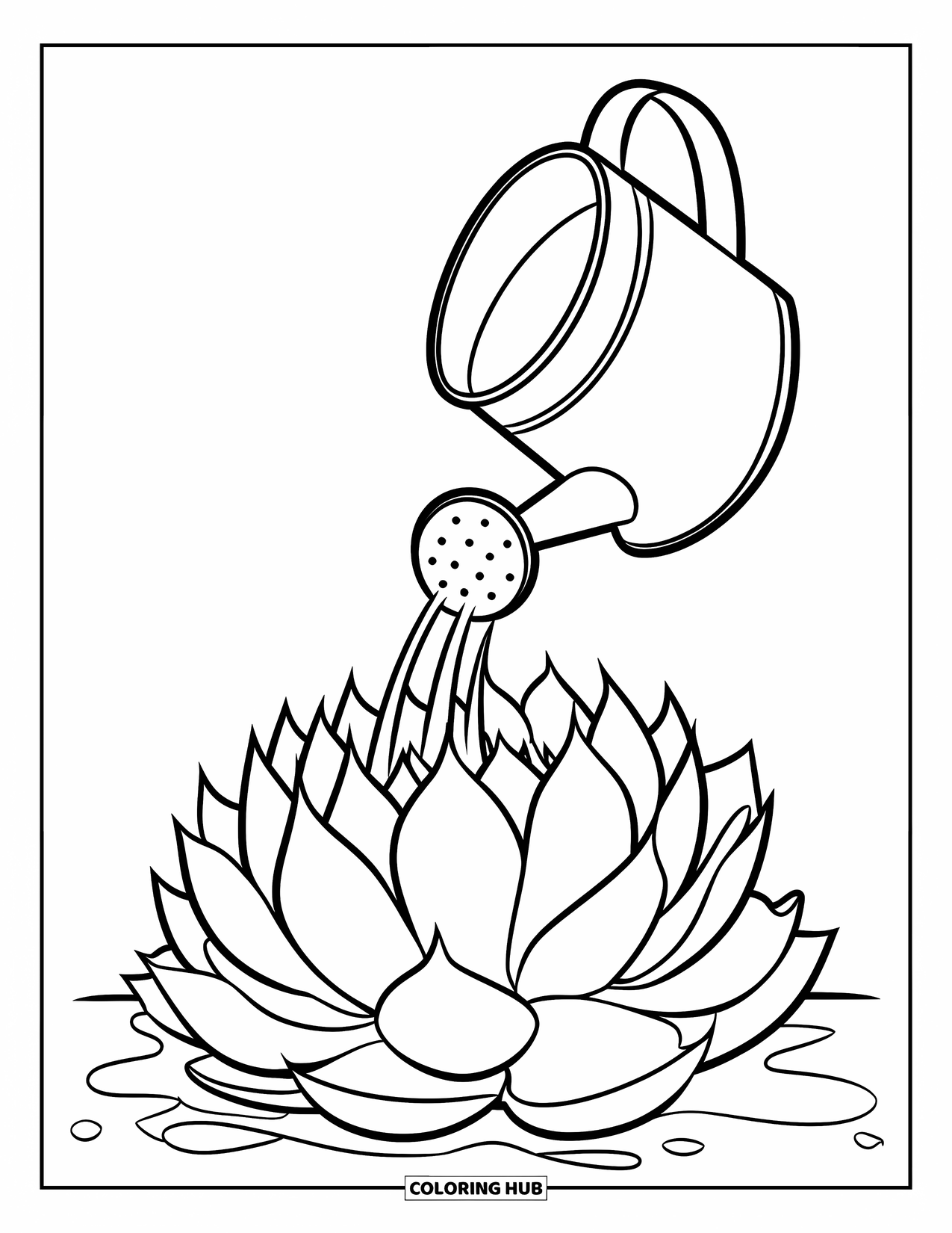 Desen de colorat cu suculente pentru copii: O stropitoare udă o suculentă vibrantă cu picături blânde de apă