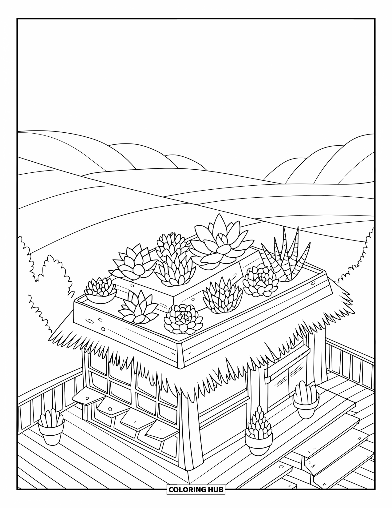 Desen de colorat cu suculente pentru copii: O terasă de lemn înconjoară o casă mică cu o jardinieră de suculente deasupra