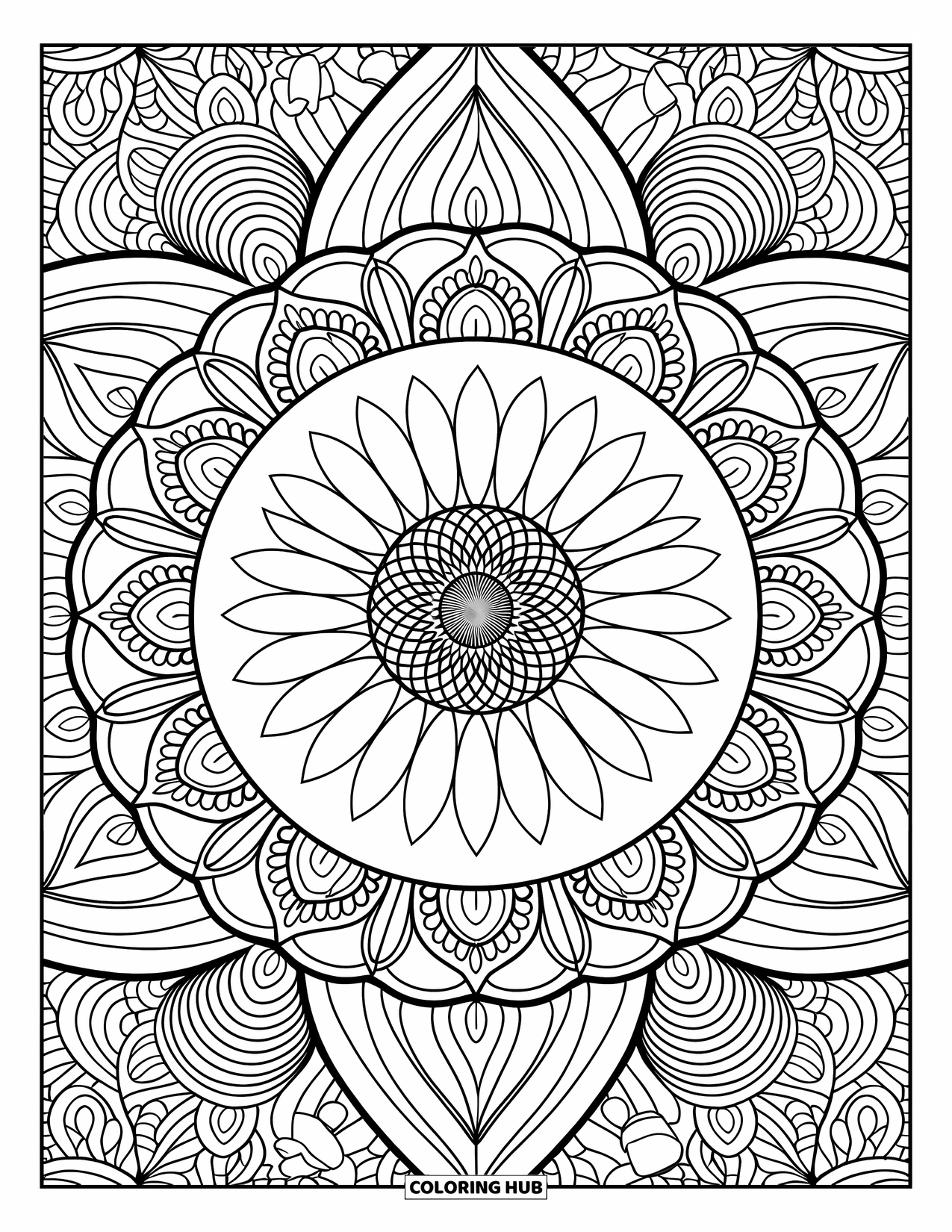 Desen de colorat cu floarea-soarelui pentru adulți: O floarea-soarelui frumos detaliată în centrul unei mandale, cu elemente artistice învârtite