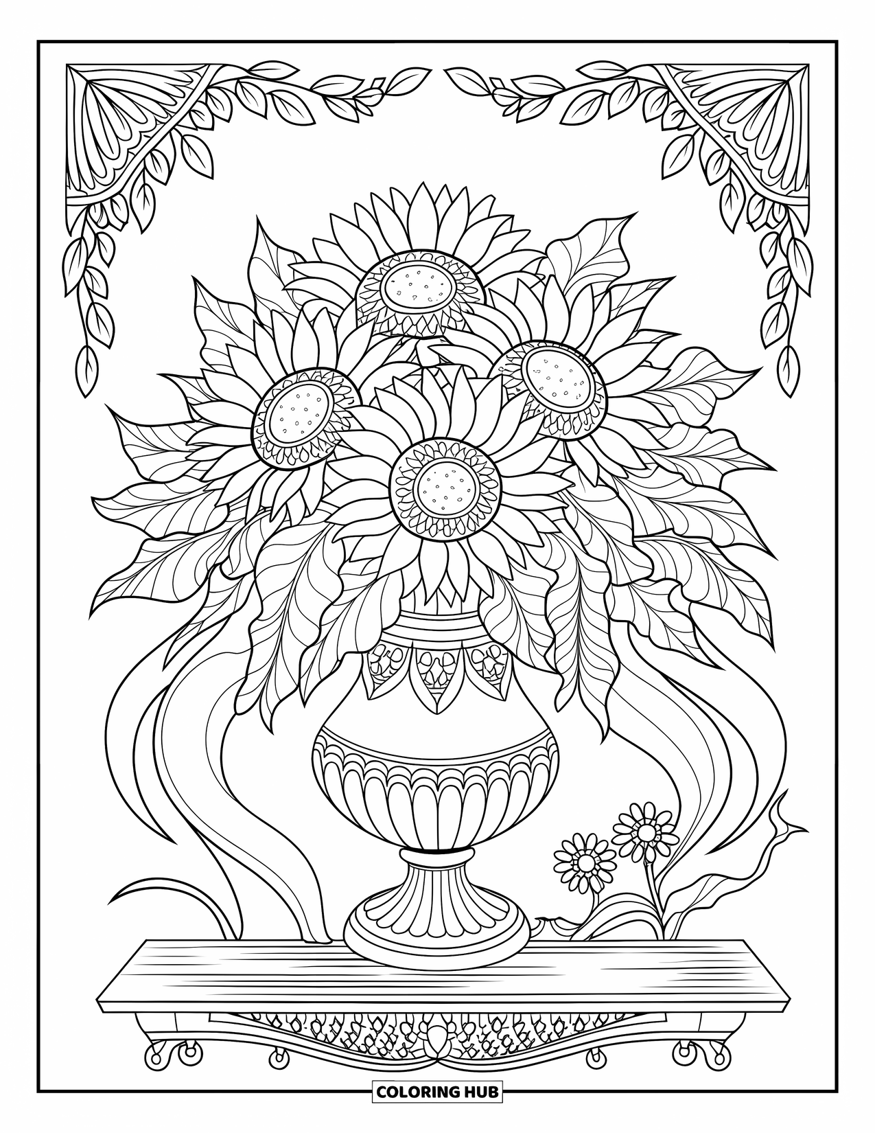 Desen de colorat cu floarea-soarelui pentru adulți: Un buchet de floarea-soarelui într-o vază ornamentată, așezată pe un suport de lemn cu frunze curgătoare