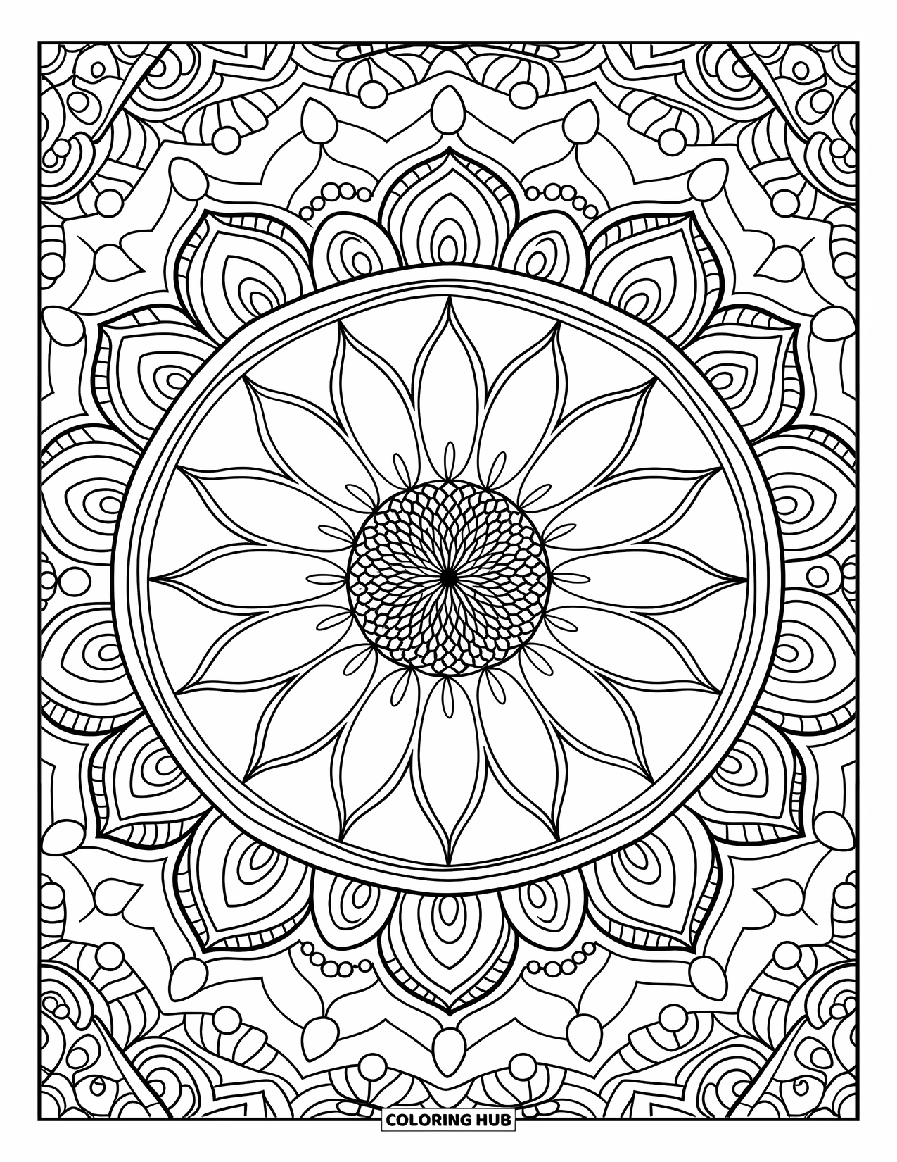 Desen de colorat cu floarea-soarelui pentru adulți: O floarea-soarelui detaliată se află în centrul unei mandale, înconjurată de modele elegante cu spirale