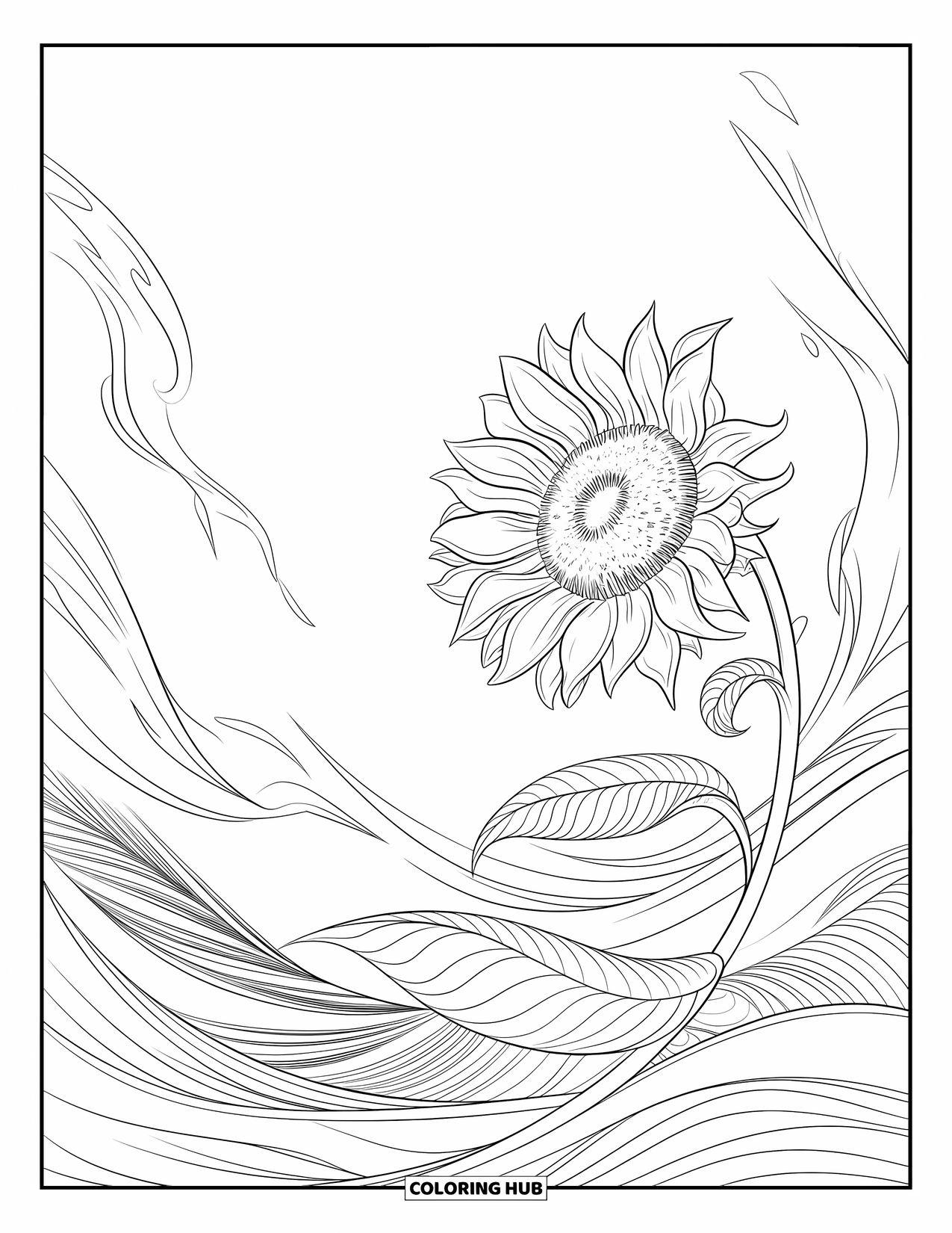 Desen de colorat cu floarea-soarelui pentru adulți: O floarea-soarelui grațios curbată, cu frunze curgătoare și vânturi învălurite în fundal