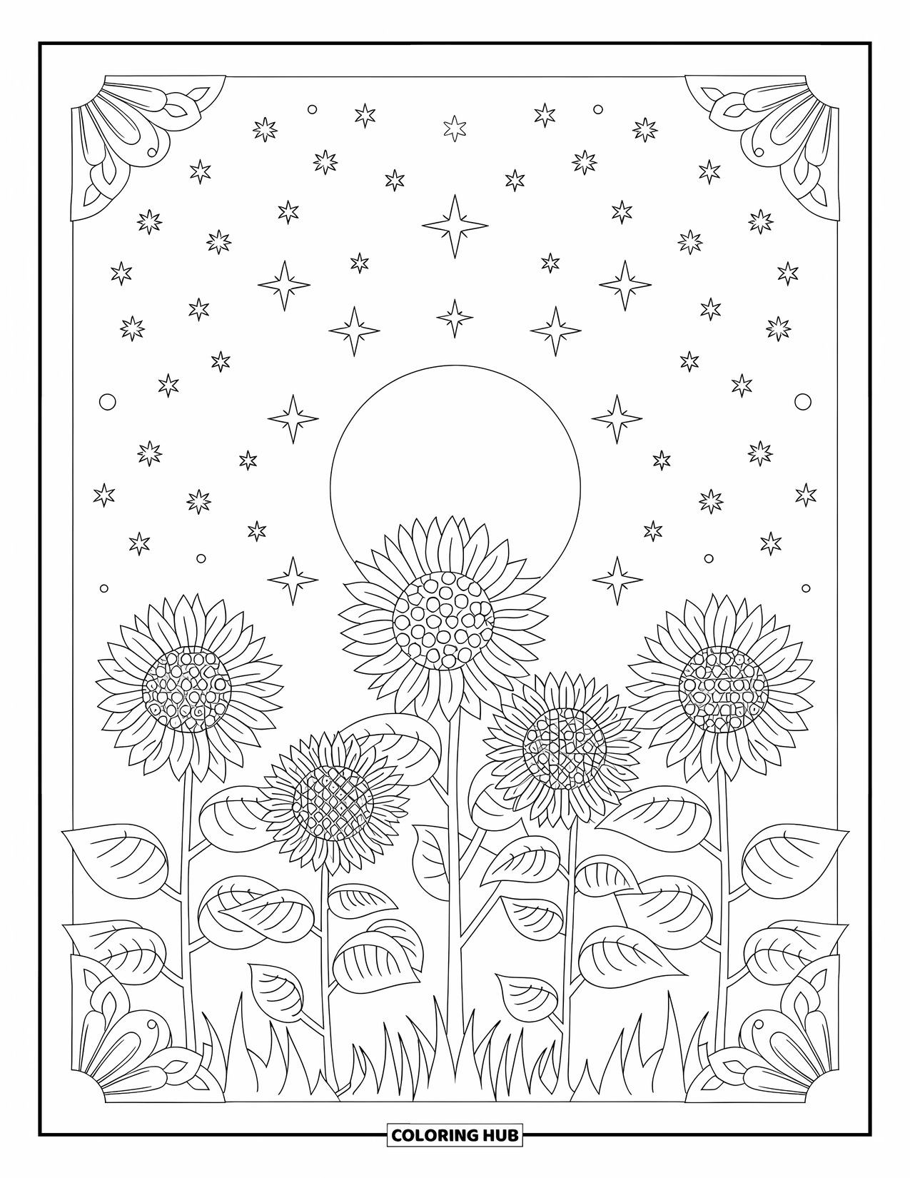 Desen de colorat cu floarea-soarelui pentru adulți: Un câmp pașnic de flori de floarea-soarelui sub un cer de noapte cu o lună plină strălucitoare și stele sclipitoare