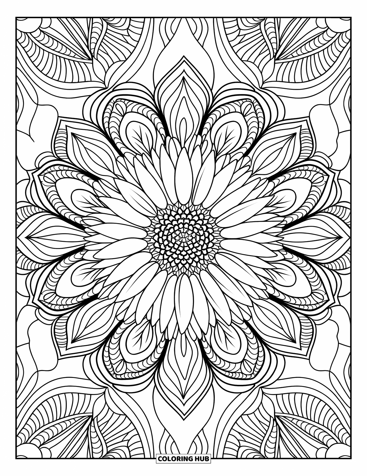 Desen de colorat cu floarea-soarelui pentru adulți: O floarea-soarelui în centrul unei mandale, înconjurată de modele simetrice și spirale delicate