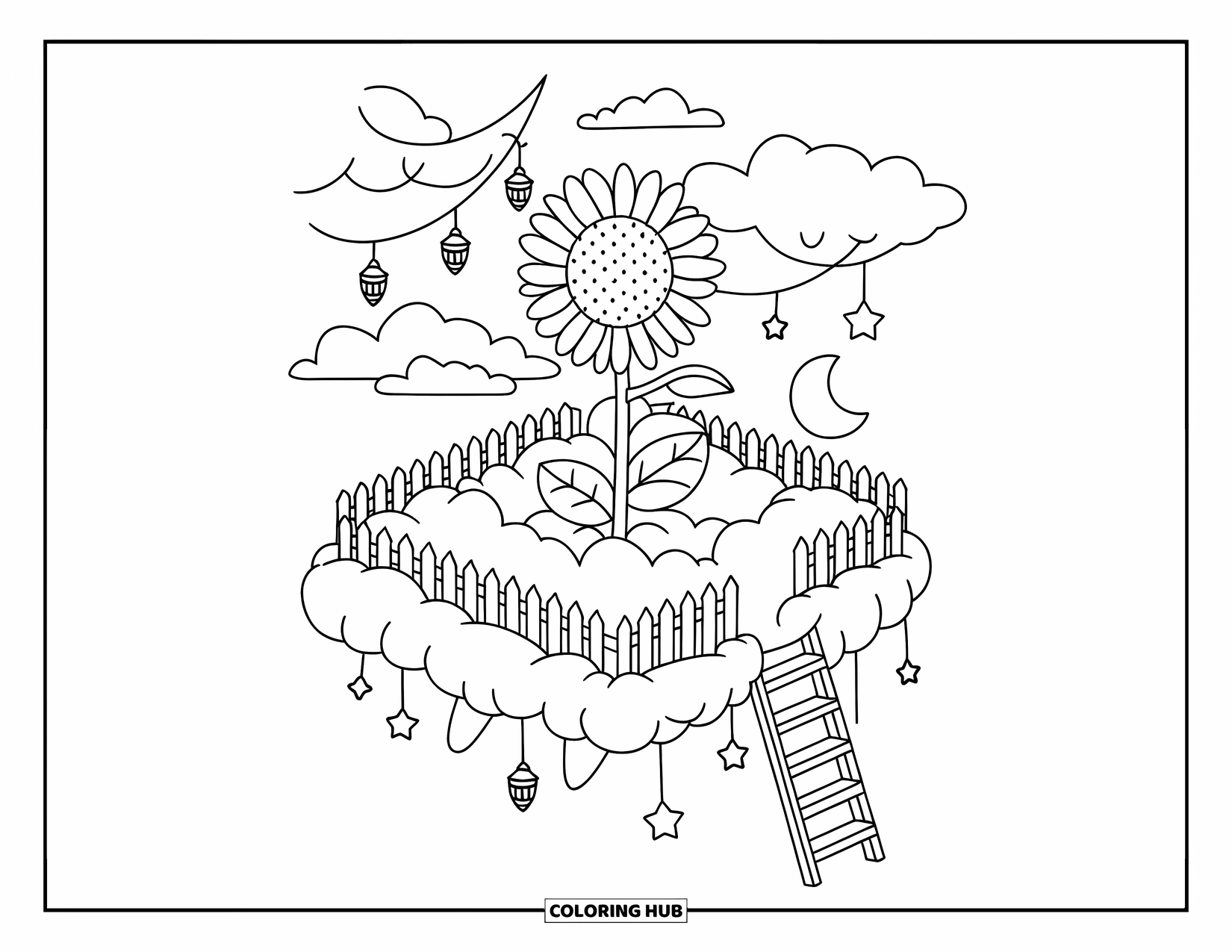 Desen de colorat cu floarea-soarelui pentru adulți: O floarea-soarelui înflorește într-o grădină de nori, cu un gard mic, felinare plutitoare și o scară mică