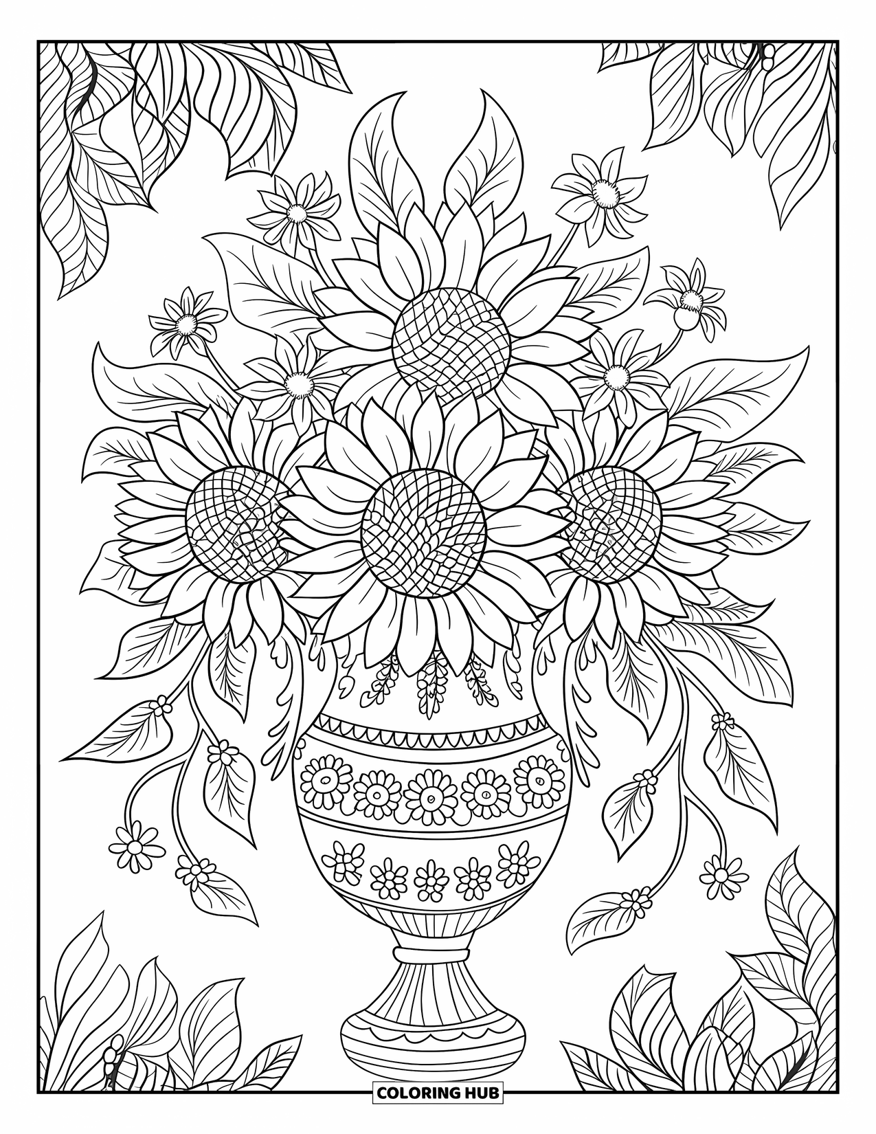 Desen de colorat cu floarea-soarelui pentru adulți: Un buchet de floarea-soarelui aranjat într-o vază decorativă, însoțit de flori de accent și modele intricate