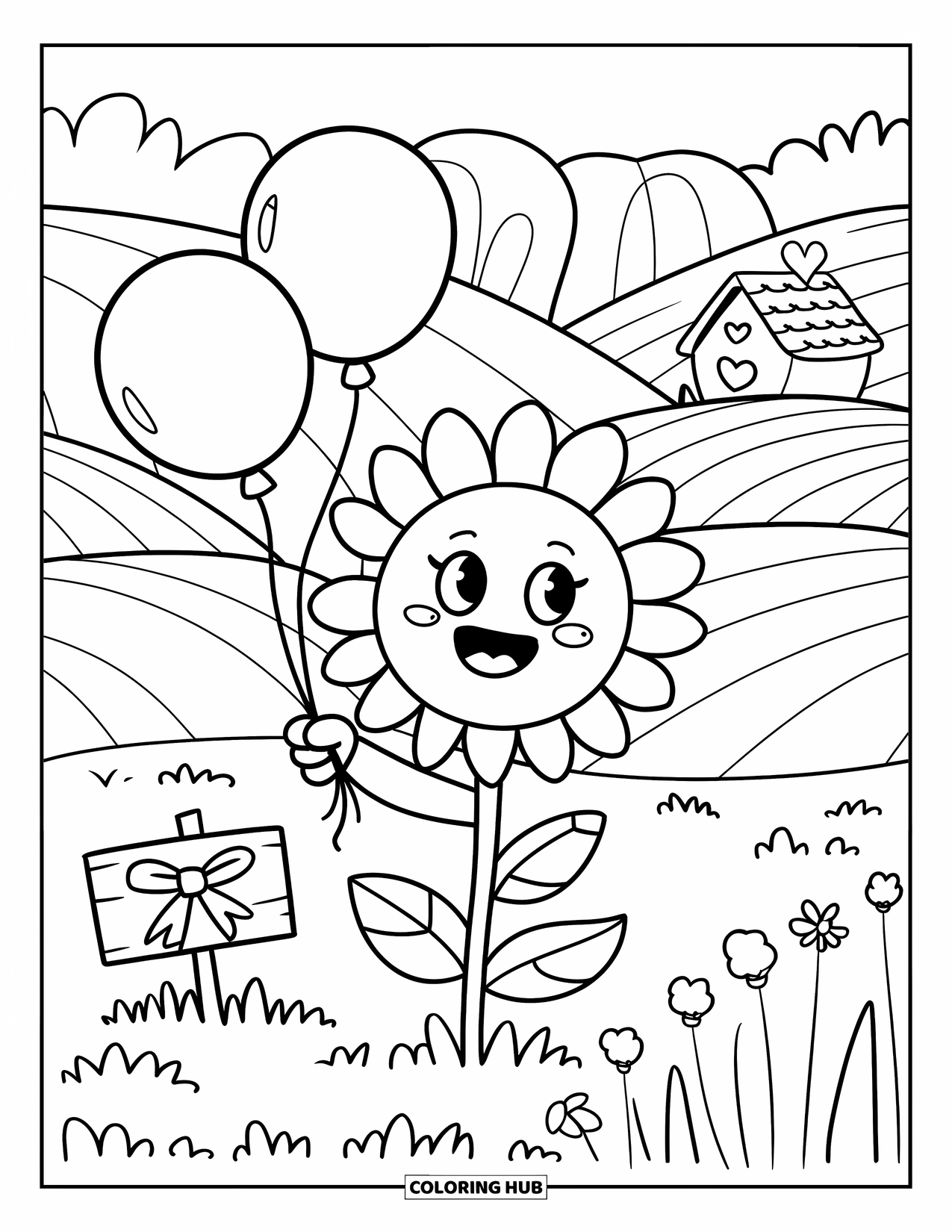 Desen de colorat cu floarea-soarelui pentru adulți: O floarea-soarelui se agață de șiruri de baloane și se leagănă lângă un câmp și un horn în formă de inimă