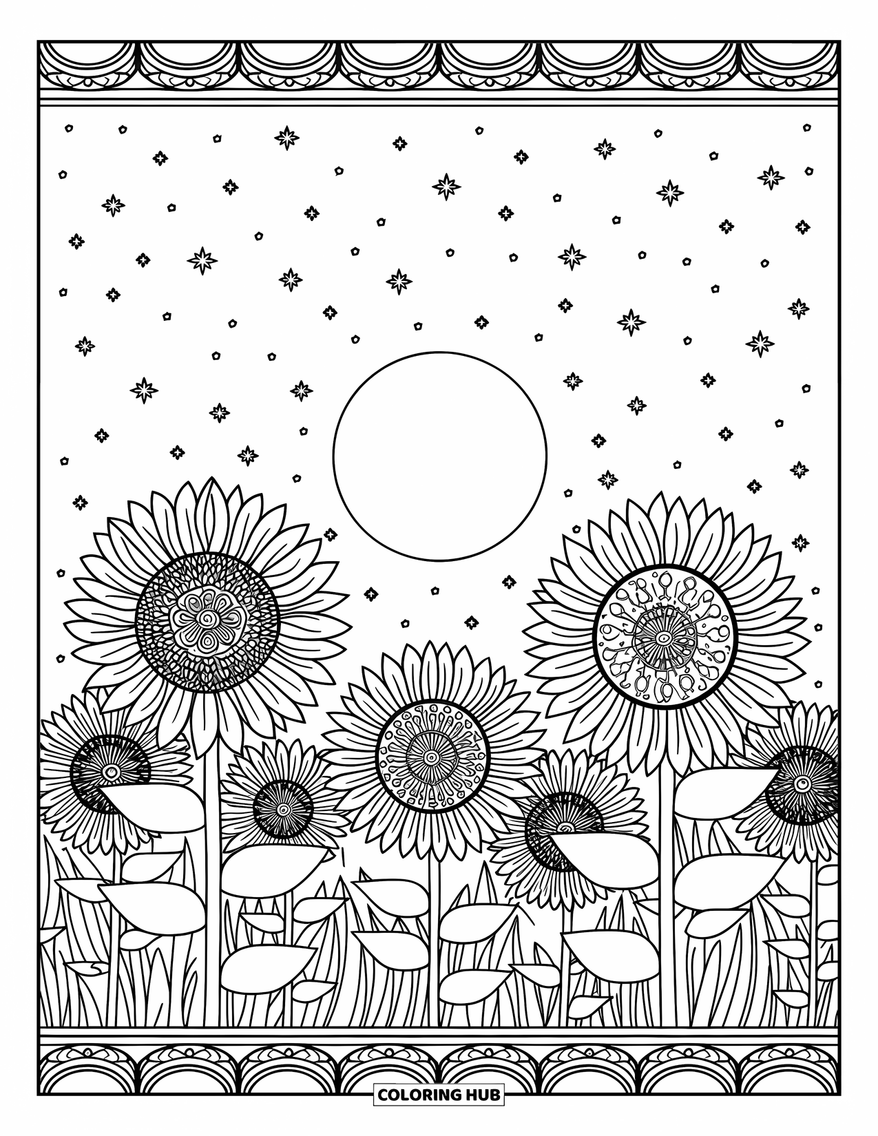 Desen de colorat cu floarea-soarelui pentru adulți: Un câmp de floarea-soarelui scăldat în lumina lunii, cu stele strălucind în cerul liniștit al nopții