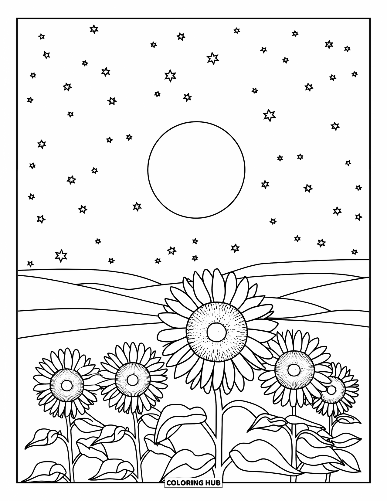 Desen de colorat cu floarea-soarelui pentru adulți: Un câmp de floarea-soarelui se întinde sub un cer serin de noapte, cu o lună plină strălucitoare și stele sclipitoare