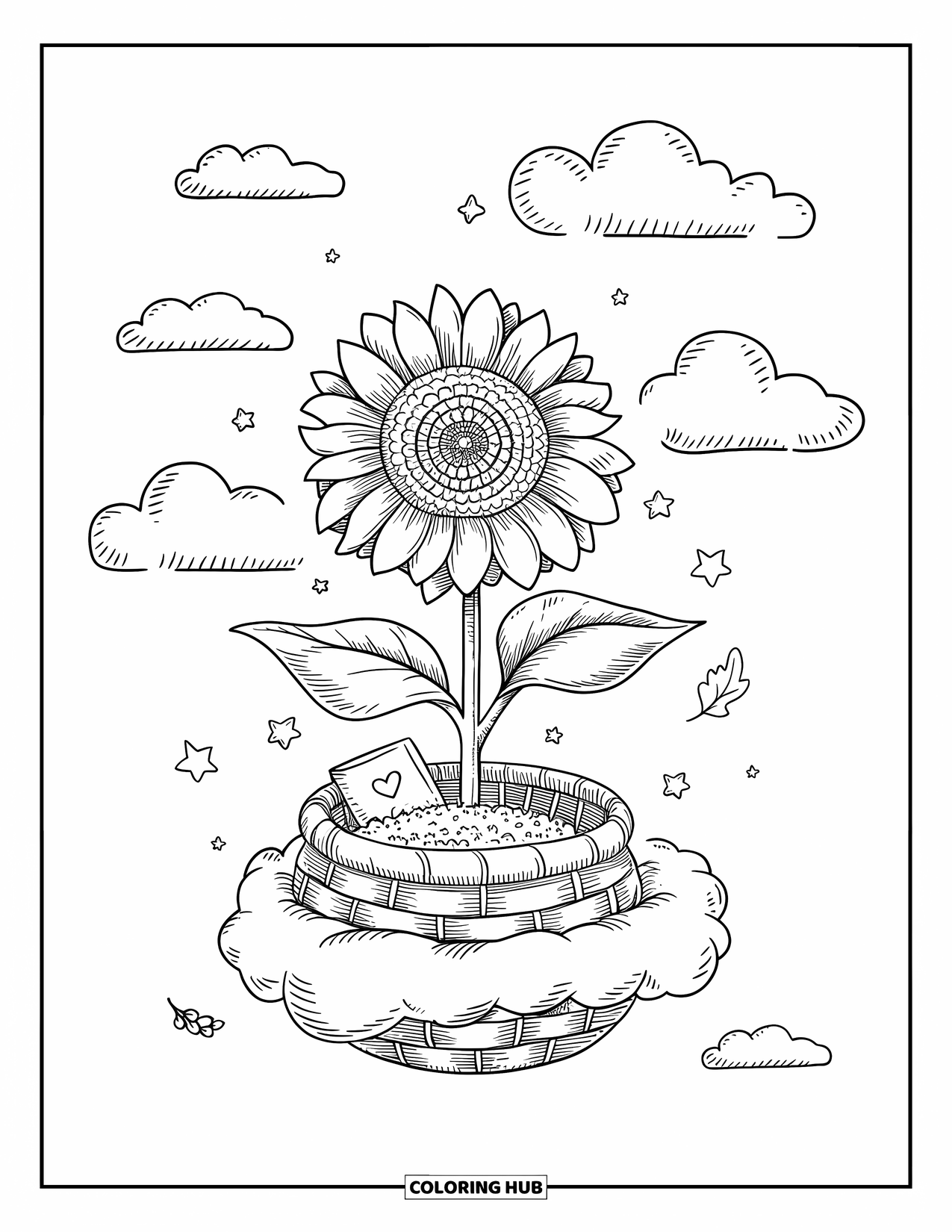 Desen de colorat cu floarea-soarelui pentru adulți: O floarea-soarelui plutește într-un coș împletit printre nori pufoși, cu stele și frunze ce plutesc pe lângă