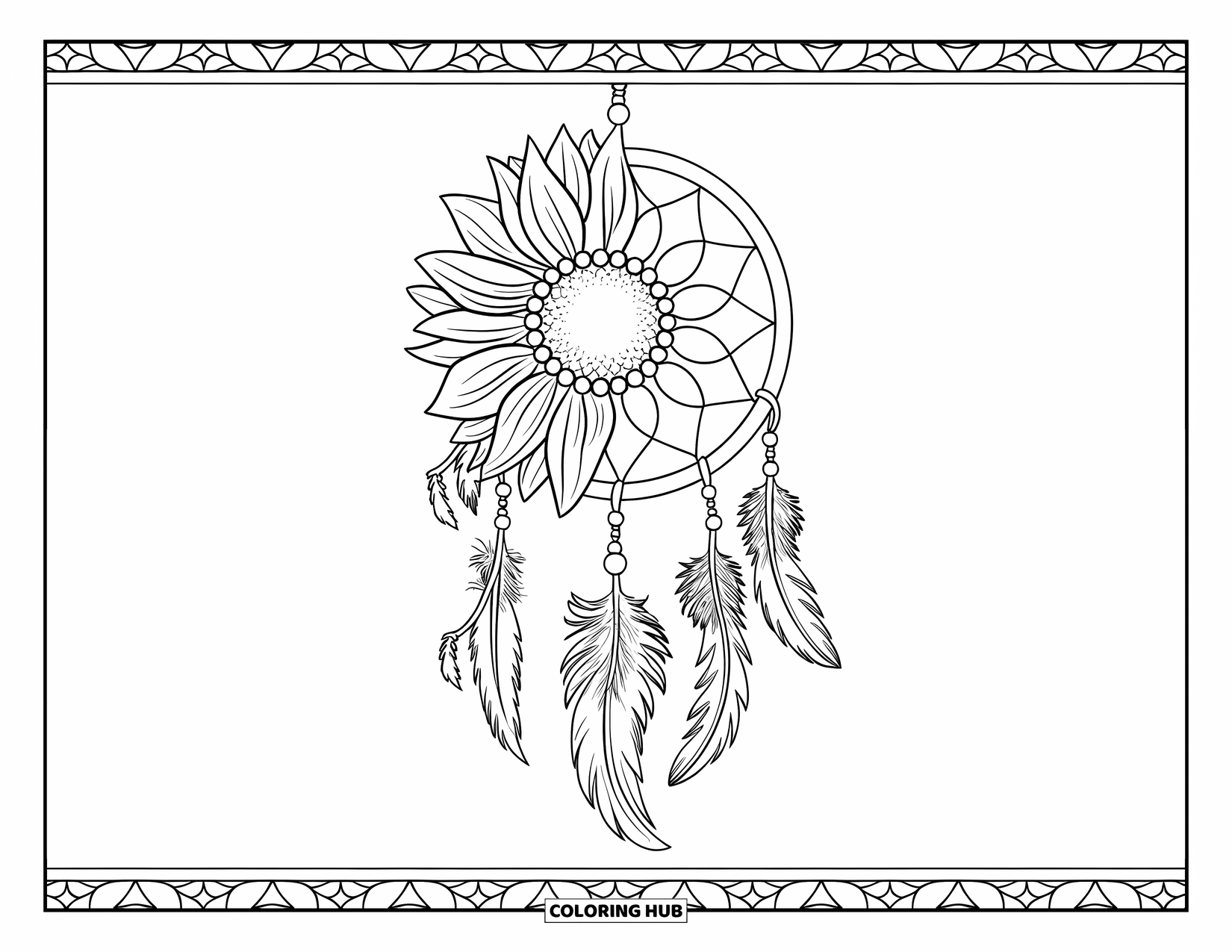 Desen de colorat cu floarea-soarelui pentru adulți: O floarea-soarelui formează partea de sus a unui dreamcatcher, cu pene delicate, mărgele și liane dedesubt