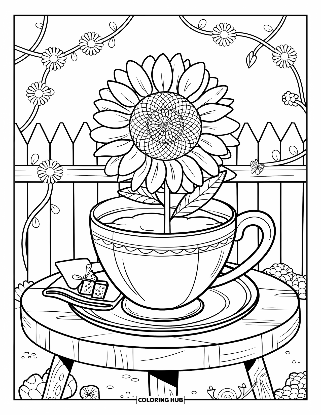Desen de colorat cu floarea-soarelui pentru adulți: O floarea-soarelui crește dintr-o ceașcă de ceai supradimensionată într-o grădină de cafenea confortabilă
