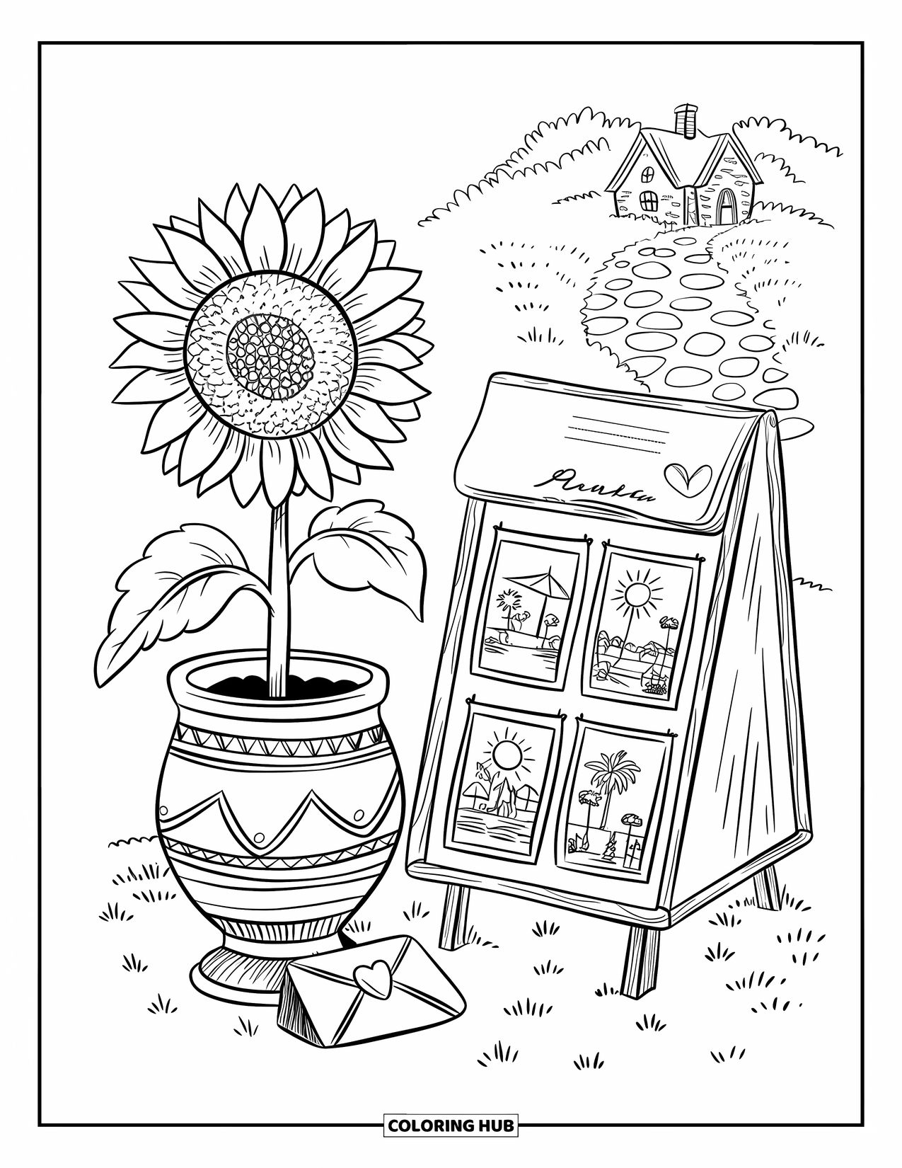 Desen de colorat cu floarea-soarelui pentru adulți: O floarea-soarelui crește într-un ghiveci decorativ, lângă un suport mic pentru vederi cu desene însorite