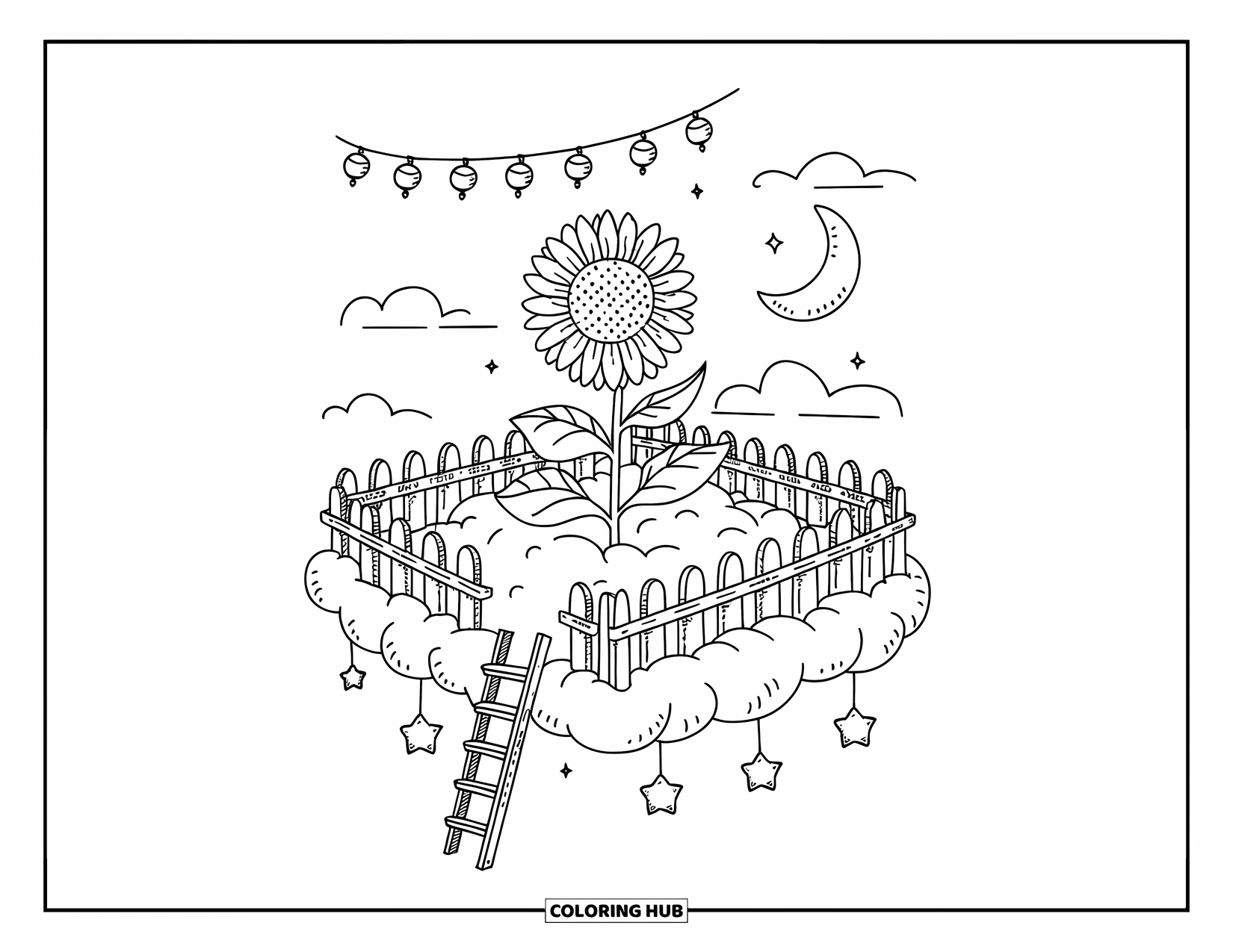 Desen de colorat cu floarea-soarelui pentru adulți: O floarea-soarelui crește pe o grădină de nori plutitori, cu decorațiuni stelare și o semilună deasupra