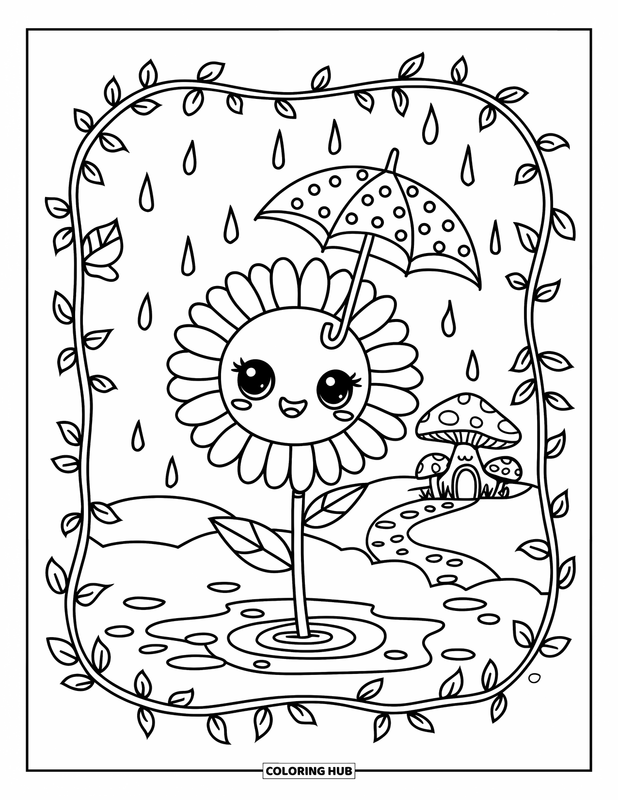 Desen de colorat cu floarea-soarelui pentru adulți: O floarea-soarelui ține o umbrelă în ploaie, cu o casă-ciupercă în fundal