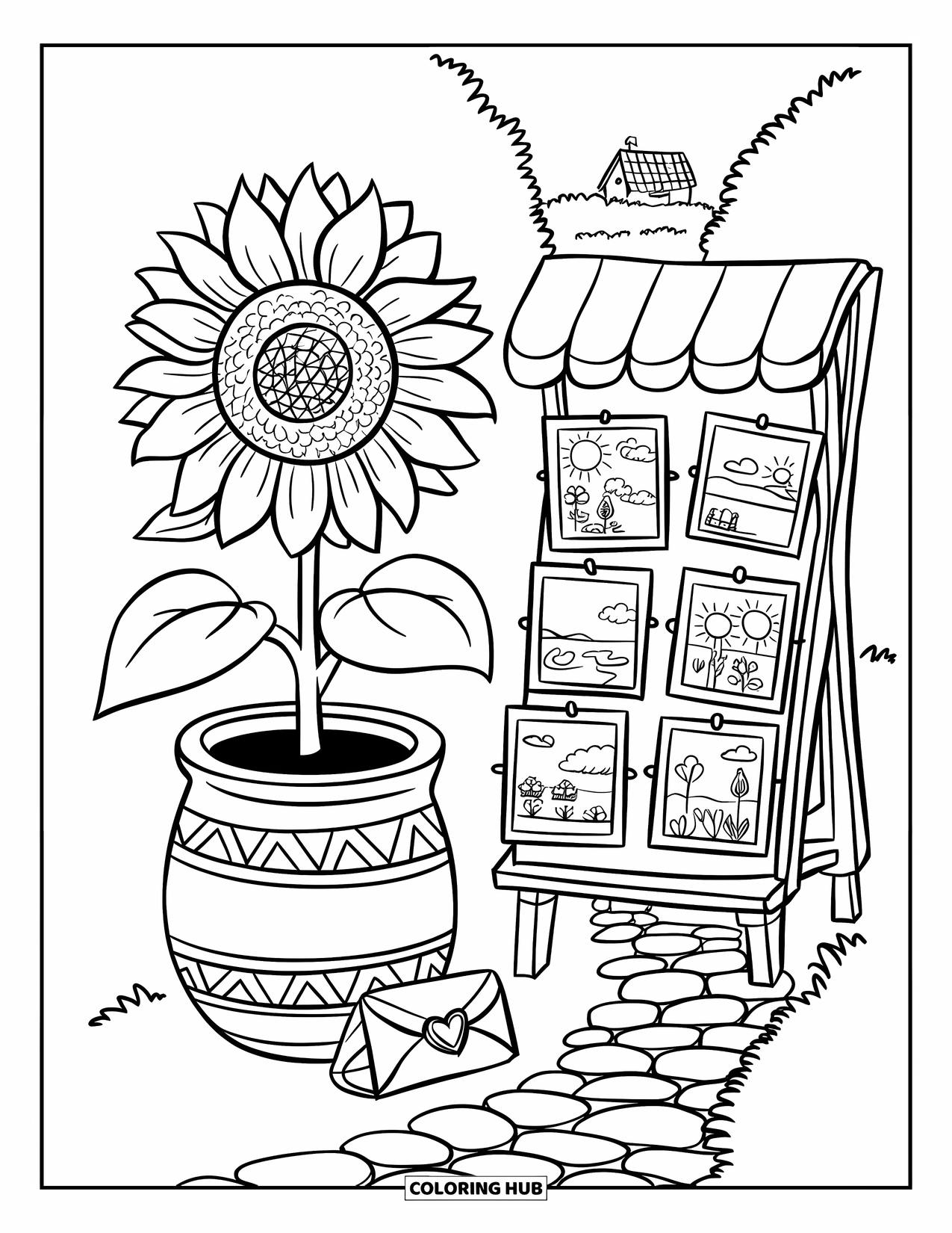 Desen de colorat cu floarea-soarelui pentru adulți: O floarea-soarelui într-un ghiveci stă lângă un magazin de cărți poștale, cu o cărare pitorească de sat dincolo