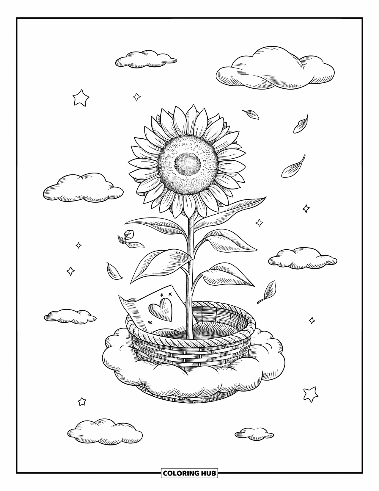 Desen de colorat cu floarea-soarelui pentru adulți: O floarea-soarelui într-un coș de cer alunecă printre nori pufoși, purtând un bilet de dragoste mic