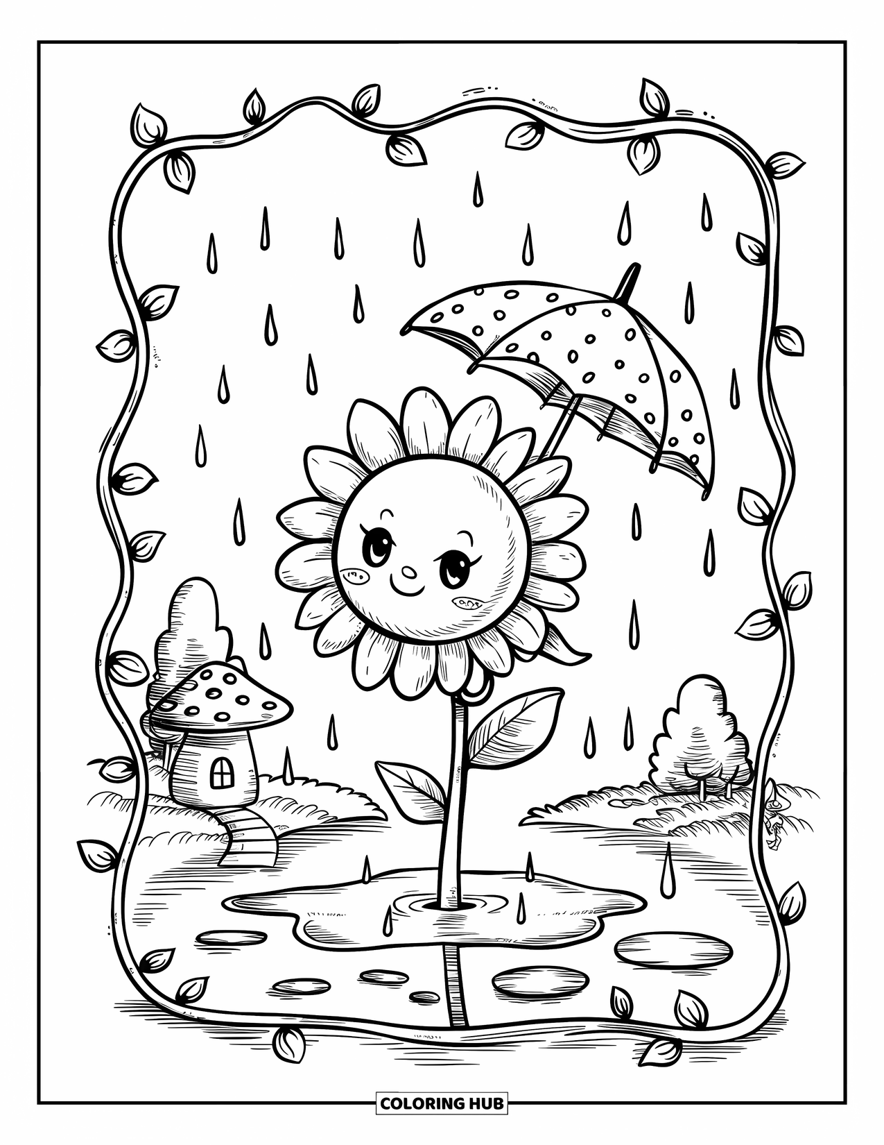 Desen de colorat cu floarea-soarelui pentru adulți: O floarea-soarelui se adăpostește sub o umbrelă cu buline, lângă o casă ciupercă și viță de vie întortocheată