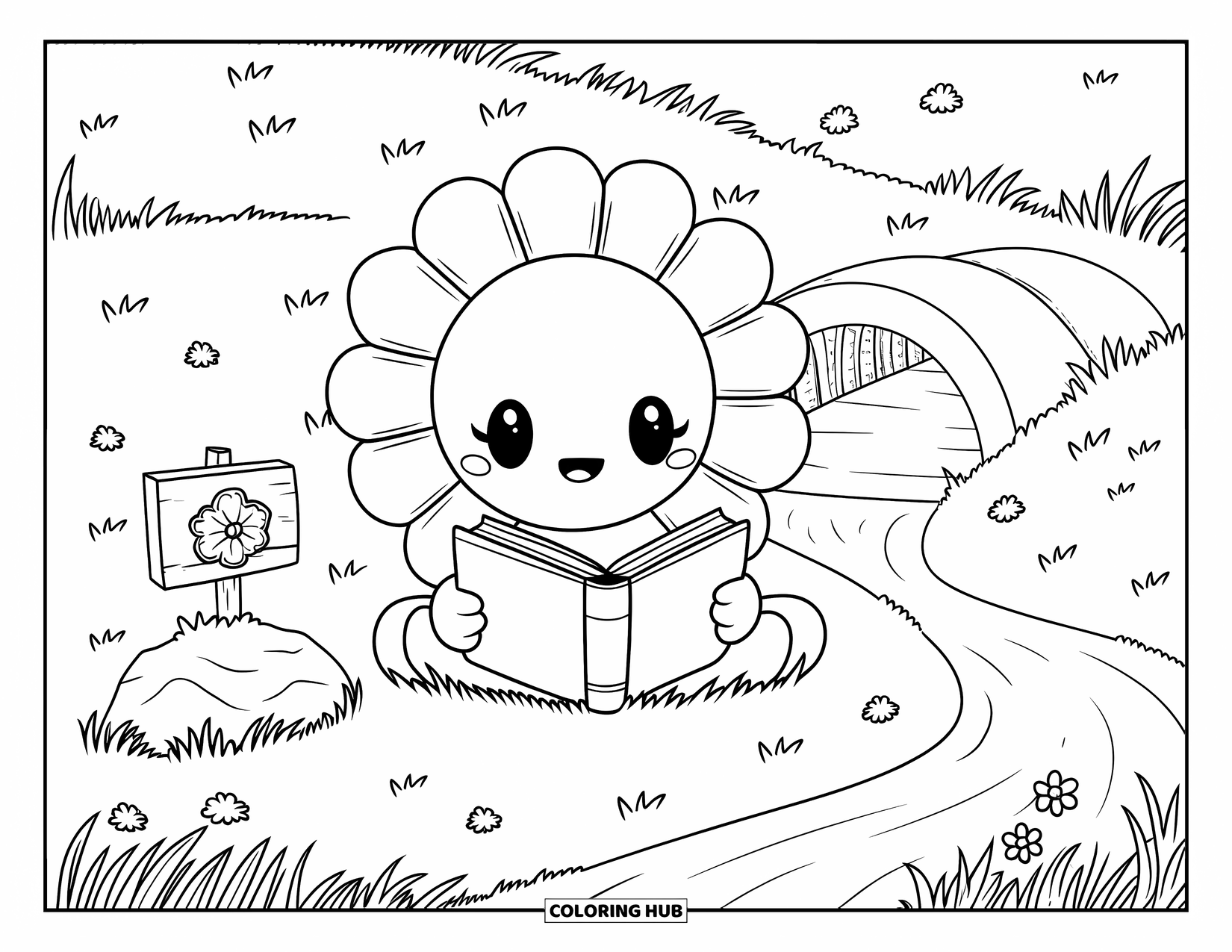 Desen de colorat cu floarea-soarelui pentru adulți: O floarea-soarelui stă într-o poiană, ținând o carte deschisă, cu un pod mic în fundal