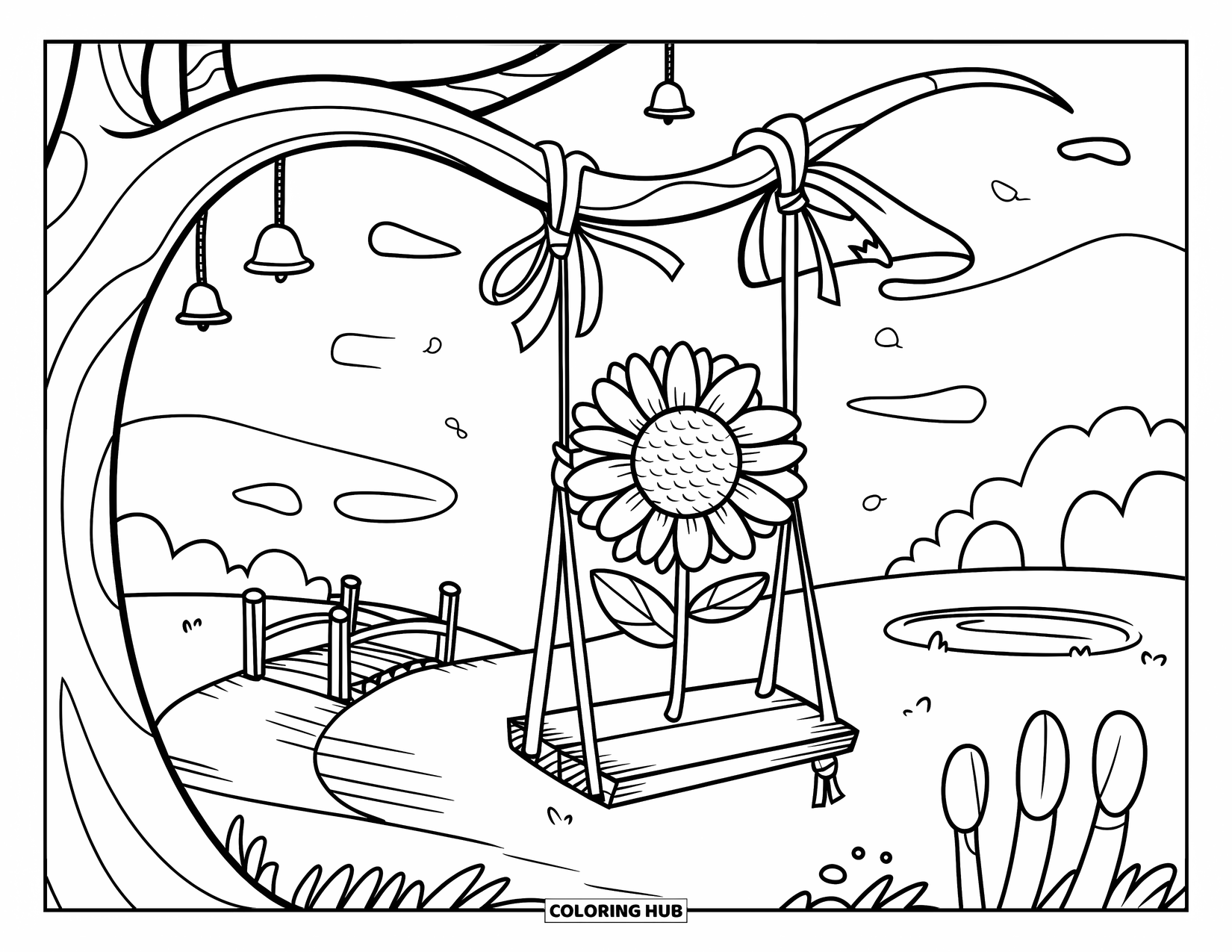 Desen de colorat cu floarea-soarelui pentru adulți: O floarea-soarelui stă pe un leagăn de lemn, cu un pod mic ducând la un iaz în fundal