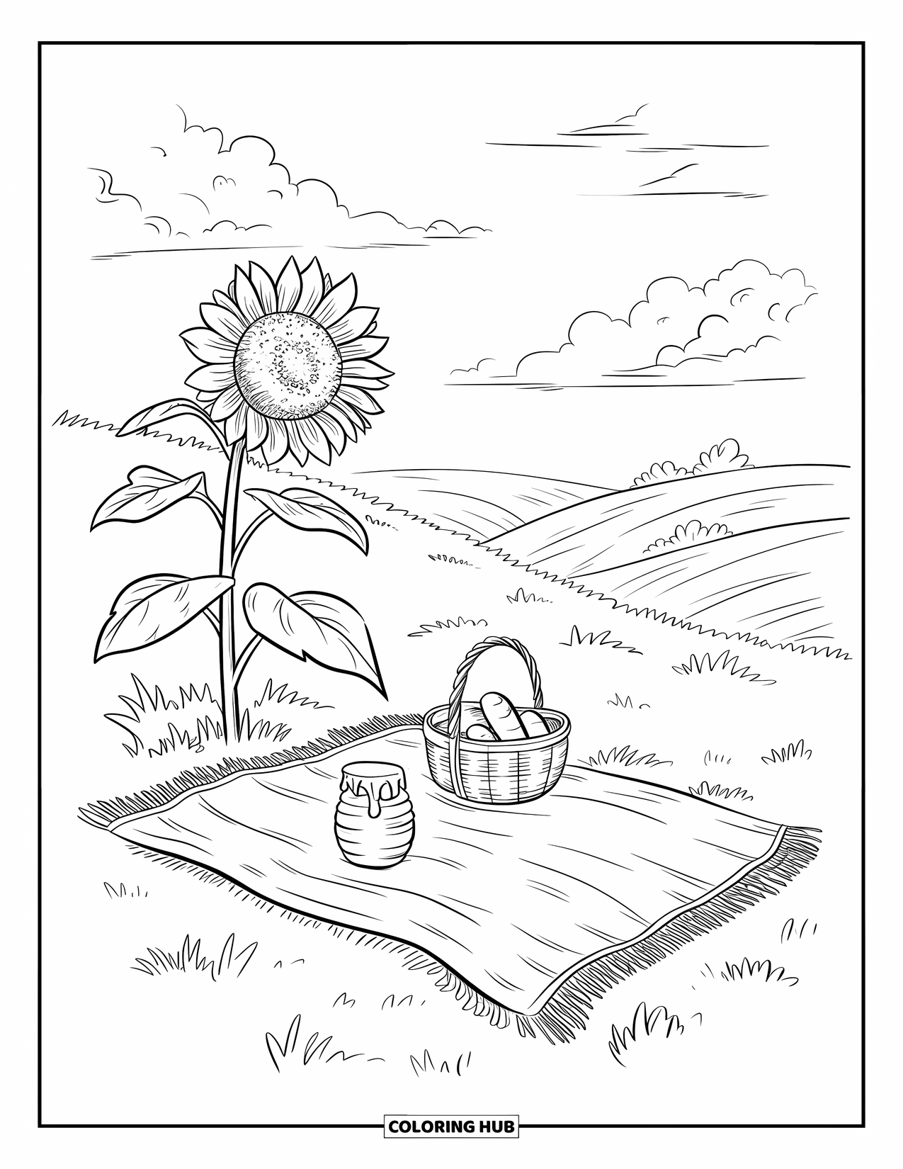 Desen de colorat cu floarea-soarelui pentru adulți: O floarea-soarelui stă lângă o scenă de picnic pe un deal ierbos, cu un coș și nori pufoși