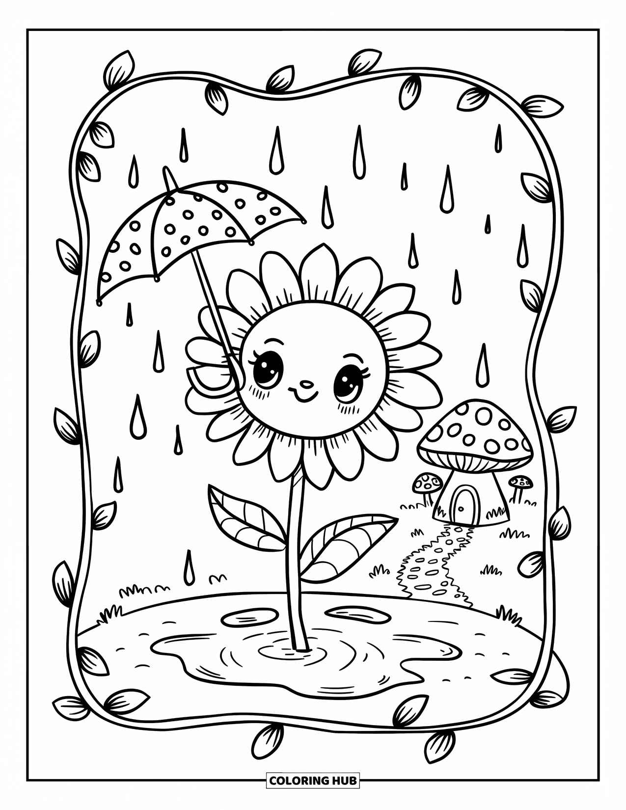 Desen de colorat cu floarea-soarelui pentru adulți: O floarea-soarelui stă într-o băltoacă mică, ținând o umbrelă cu buline în timp ce picăturile de ploaie cad