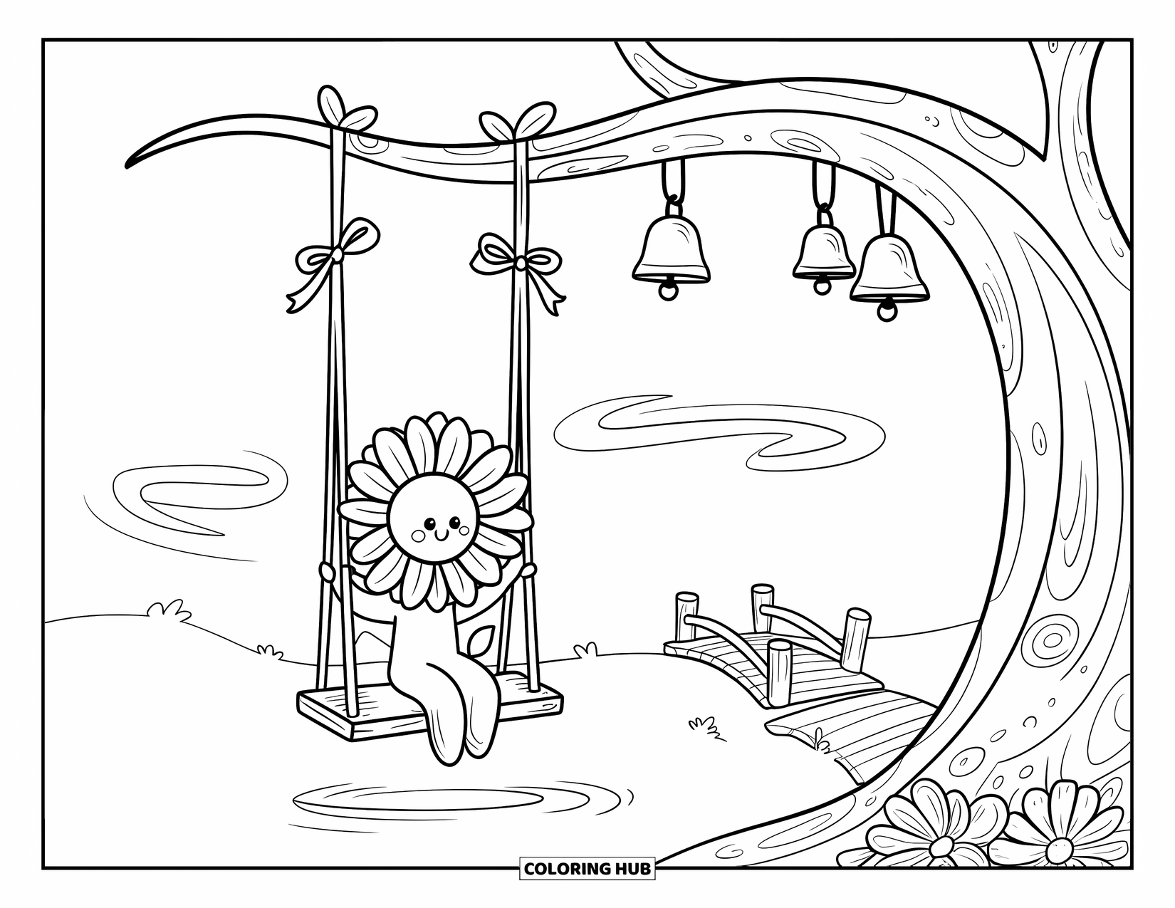 Desen de colorat cu floarea-soarelui pentru adulți: O floarea-soarelui se leagănă pe un leagăn de lemn, legat de o creangă de copac cu panglici și clopoței
