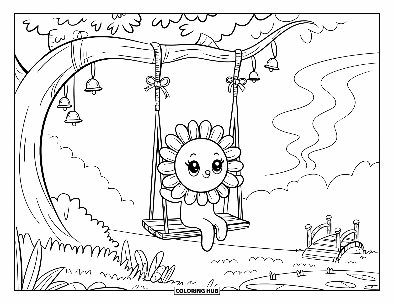 Desen de colorat cu floarea-soarelui pentru adulți: O floarea-soarelui se leagănă sub un copac mângâiat de vânt, cu clopoței mici și un vânt învârtitor în aer