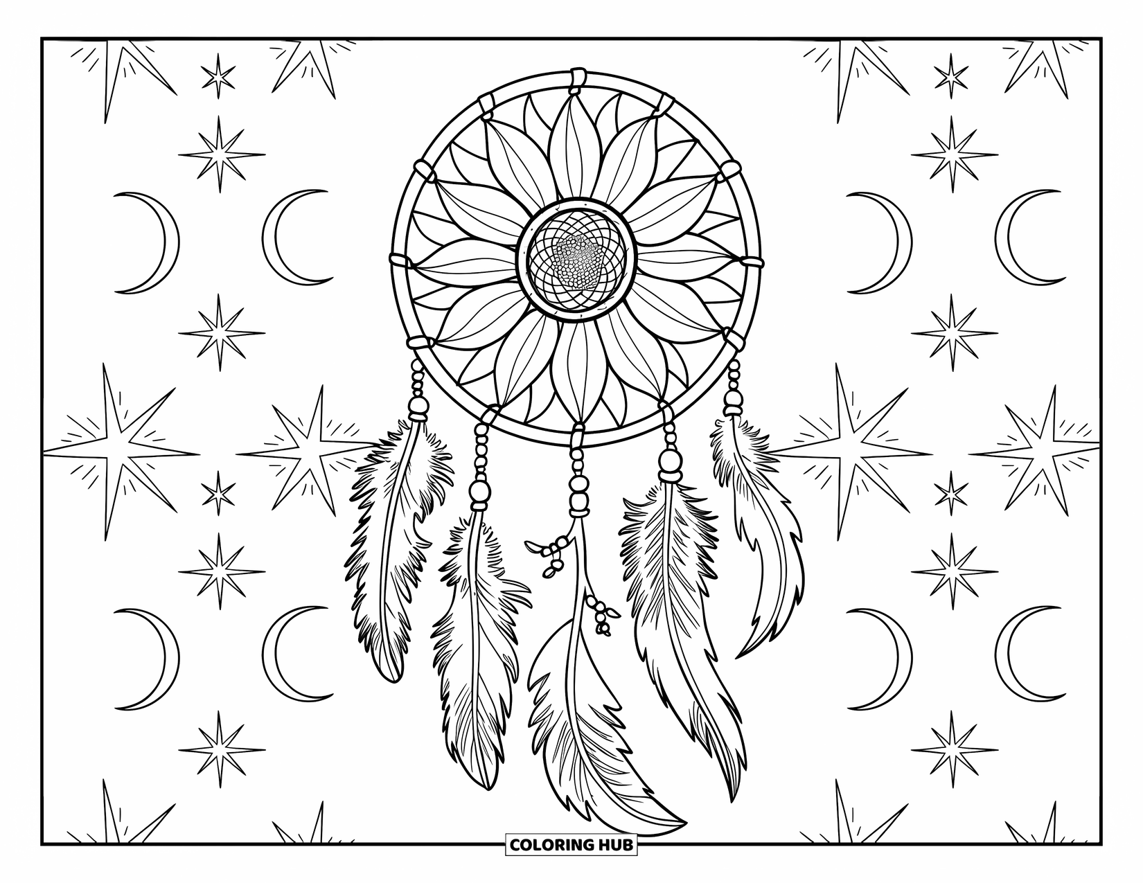 Desen de colorat cu floarea-soarelui pentru adulți: Un dreamcatcher cu floarea-soarelui în partea de sus, cu pene agățate, mărgele și un fundal tematic celestial