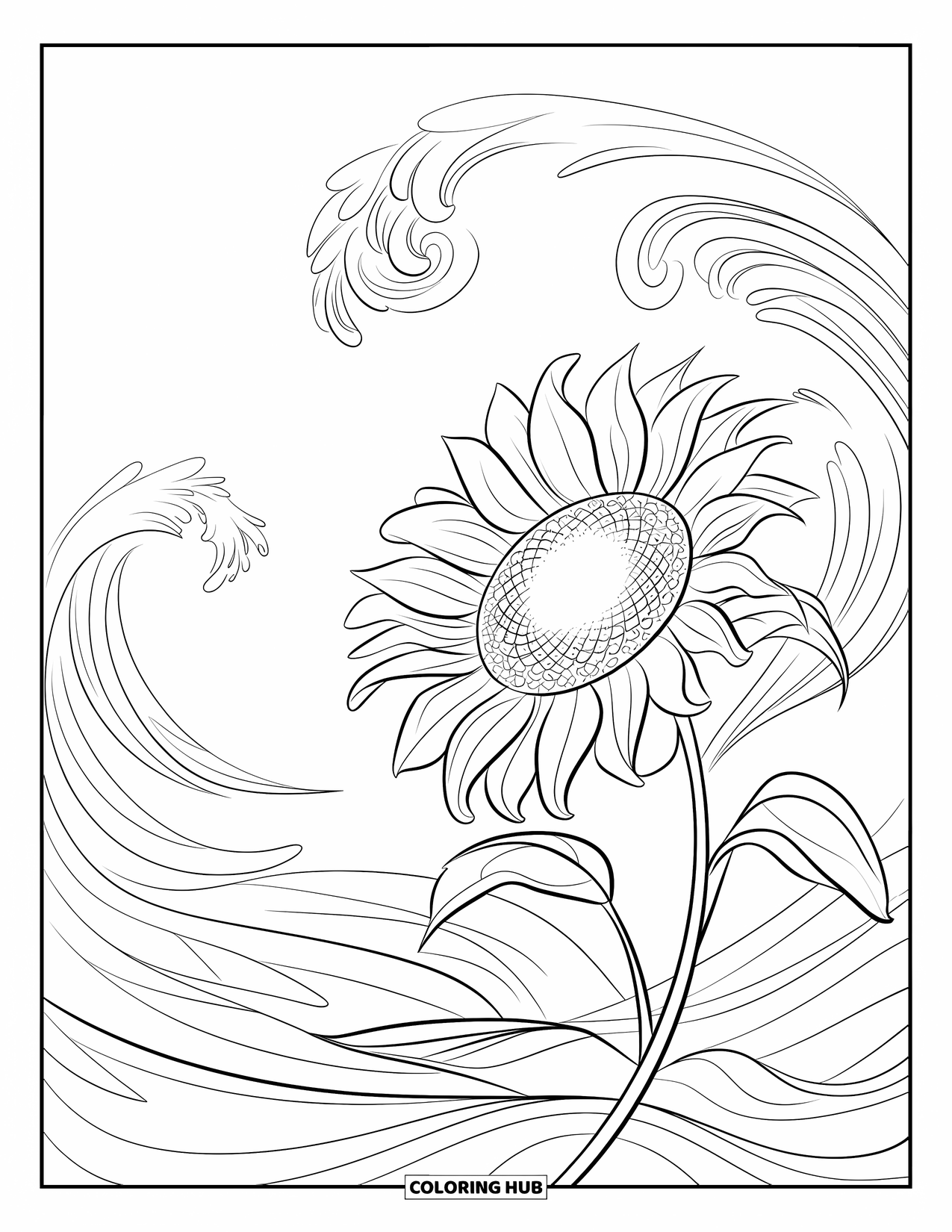 Desen de colorat cu floarea-soarelui pentru adulți: O floarea-soarelui cu frunze delicate și curgătoare și vânturi învolburate, formând modele de valuri moi