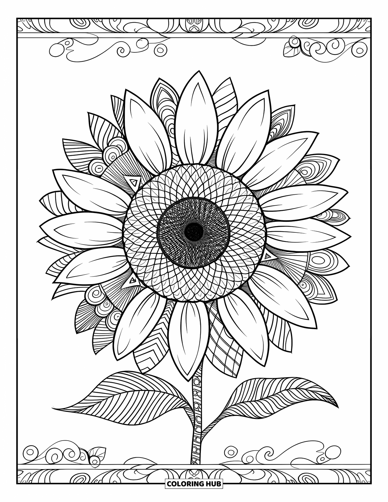 Desen de colorat cu floarea-soarelui pentru adulți: O floarea-soarelui cu modele detaliate de tip Zentangle, înconjurată de spirale decorative și modele geometrice