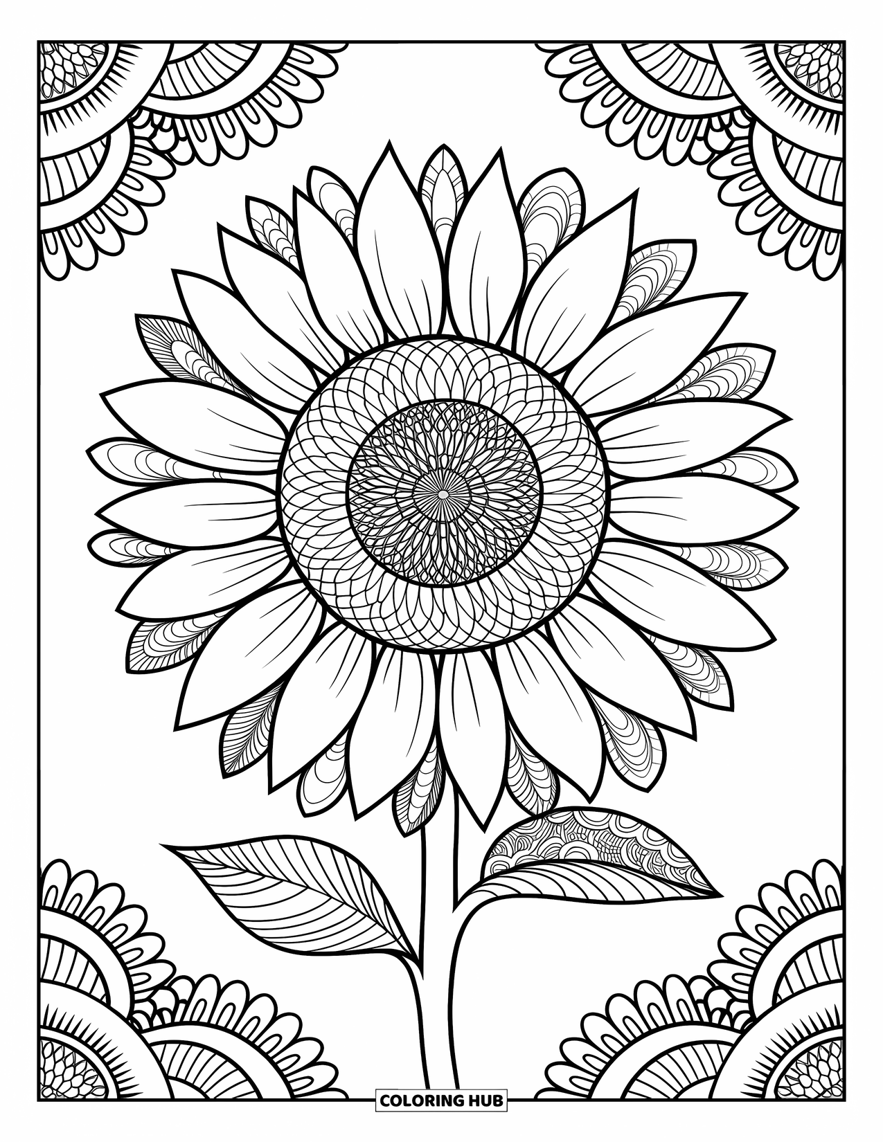 Desen de colorat cu floarea-soarelui pentru adulți: O floarea-soarelui cu modele inspirate de Zentangle umplând fiecare petală, înconjurată de detalii artistice